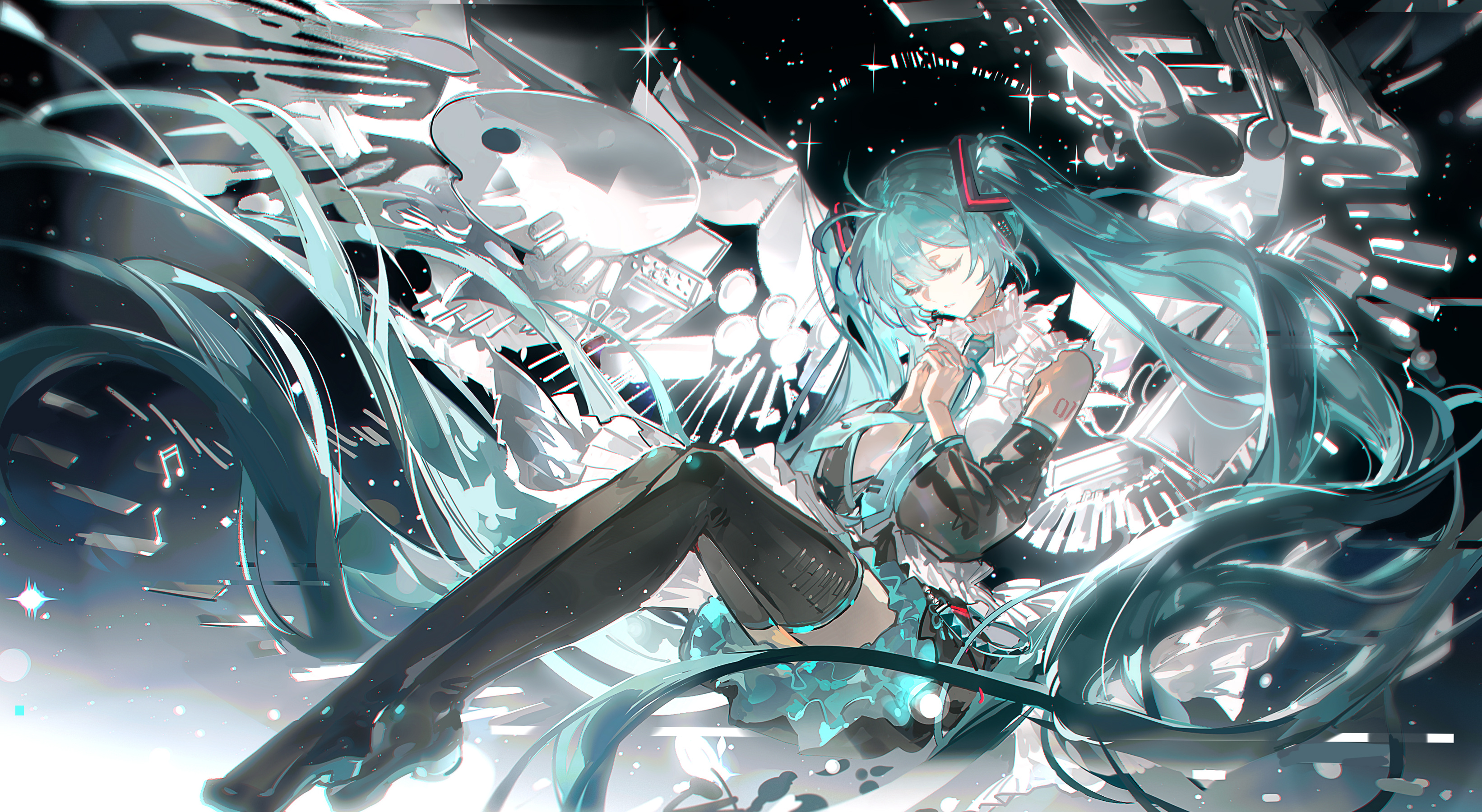 mento, hatsune miku, vocaloid, absurdres, highres, 1girl, absurdly long hair, aqua hair, black boots, boots, closed eyes, detached sleeves, floating hair, full body, interlocked fingers, long hair, long sleeves, musical note, own hands clasped, own hands together, shirt, sleeveless, sleeveless shirt, solo, thigh boots, twintails, very long hair, white shirt