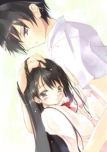 jpeg artifacts, non-web source, source request, 1boy, 1girl, black hair, blue eyes, long hair
