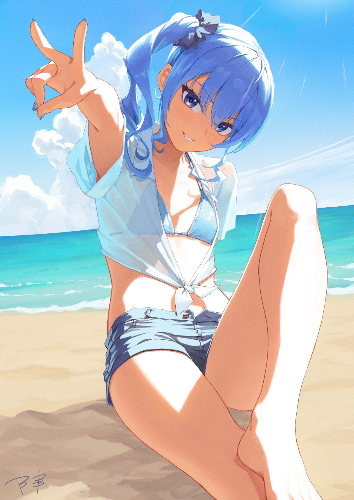 makimaki makky7, hoshimachi suisei, hololive, commentary, highres, 1girl, alternate costume, barefoot, beach, bikini, bikini under clothes, blue bikini, blue eyes, blue hair, blue nails, blue sky, denim, denim shorts, flat chest, grin, hair ornament, hair scrunchie, looking at viewer, micro shorts, ocean, outdoors, outstretched arm, scrunchie, shirt, shore, shorts, side ponytail, sitting, sky, smile, solo, swimsuit, tied shirt, v, virtual youtuber, white shirt