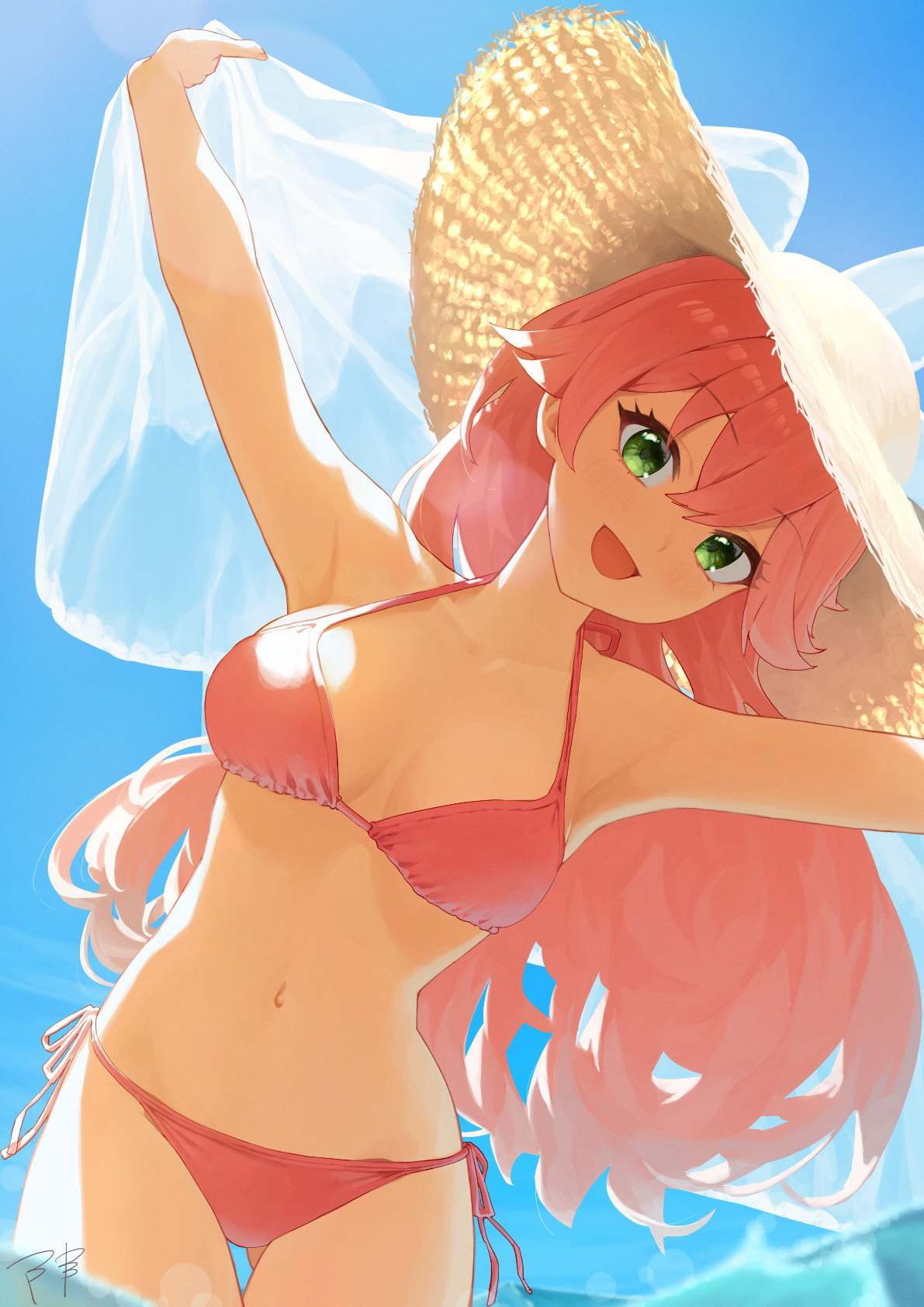 makimaki makky7, sakura miko, hololive, commentary, highres, 1girl, armpits, bikini, blue sky, breasts, cowboy shot, day, gluteal fold, green eyes, hair between eyes, halterneck, hat, lens flare, long hair, looking at viewer, medium breasts, navel, open mouth, outdoors, outstretched arms, pink bikini, pink hair, side-tie bikini bottom, signature, sky, smile, solo, spread arms, standing, stomach, straw hat, string bikini, sun hat, swimsuit, very long hair, virtual youtuber