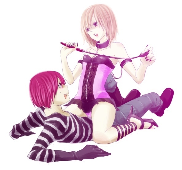harimoto minagi, kakizaki kokera, matt (death note), mello (death note), death note, urooboe uroboros, urooboe uroboros!, 00s, 1boy, 1girl, alternate hairstyle, armlet, bare shoulders, bdsm, black gloves, blonde hair, boots, chain, collar, collarbone, girl on top, gloves, high heels, jewelry, nail polish, no pants, open mouth, panties, pants, purple eyes, purple nails, purple panties, red hair, shirt, shoes, short hair, simple background, sitting, sitting on person, sleeveless, straddling, strapless, striped clothes, striped shirt, underwear, wariza, whip, white background