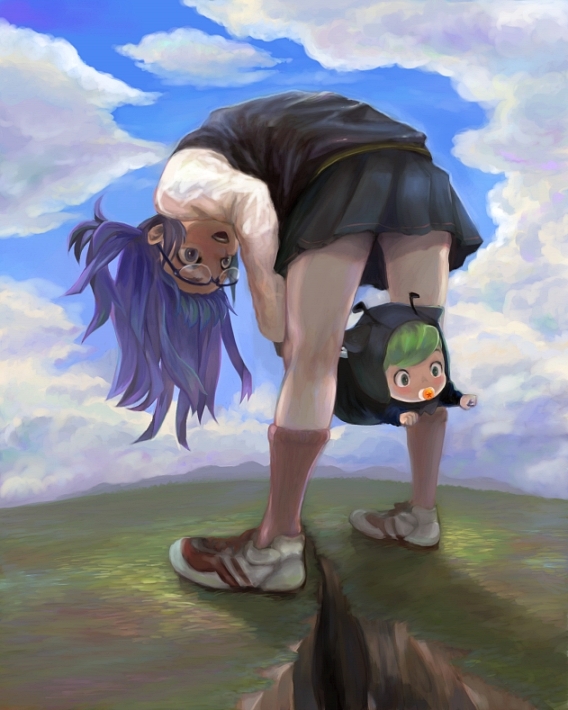 ponsuke (pon00000), norimaki arale, norimaki gajira, dr. slump, dragon ball, orange legwear, artist request, source request, 2girls, antennae, baby, blue sky, cameo, cloud, day, glasses, grass, green hair, kneehighs, leaning forward, multiple girls, outdoors, pleated skirt, purple hair, shoes, side ponytail, skirt, sky, sneakers, socks