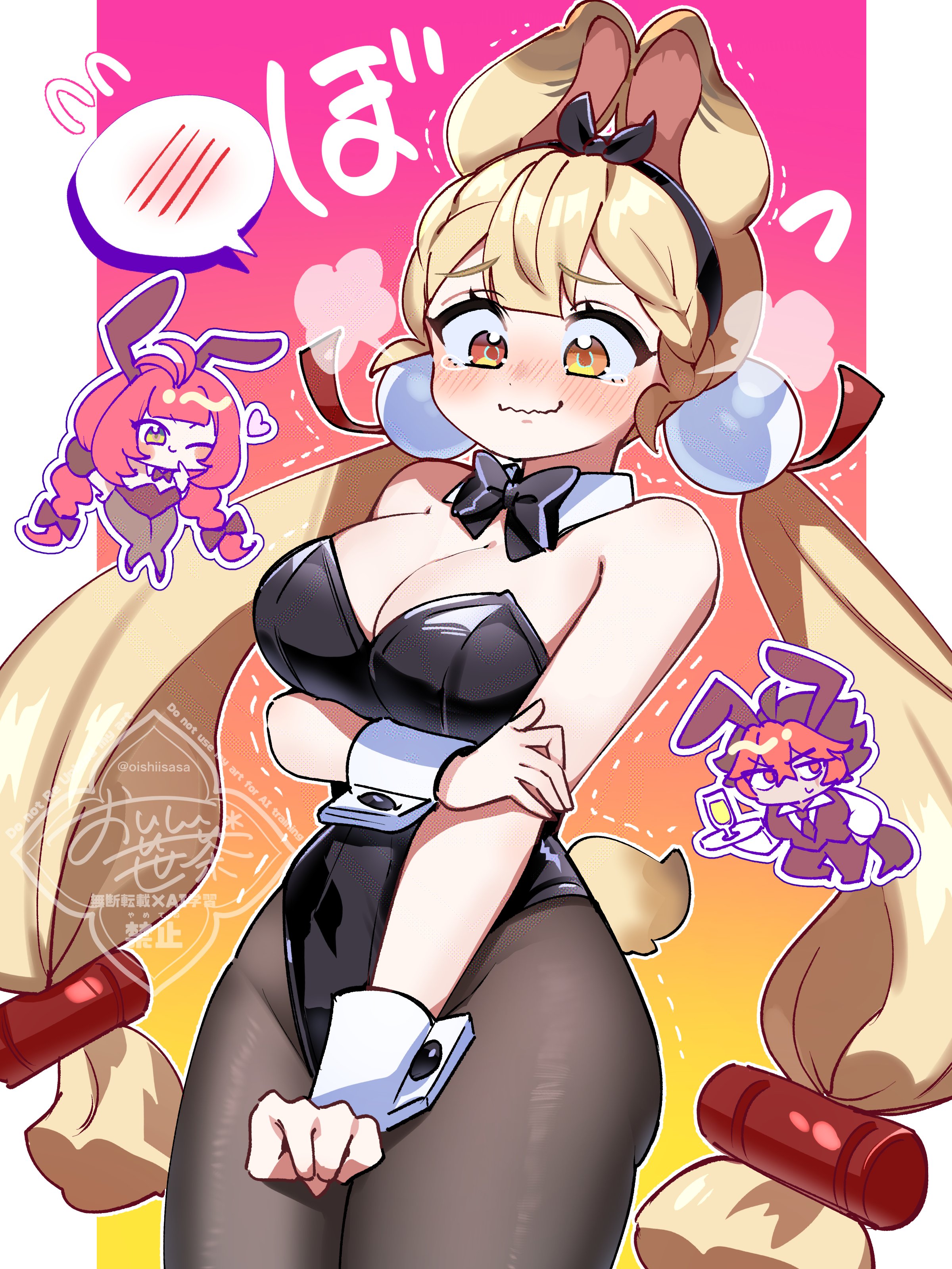 oishii sasa, alice thymefield, komano manato, ukinami yuzuha, zenless zone zero, absurdres, commentary request, highres, 1boy, 2girls, alternate costume, animal ears, black bow, black bowtie, black hair, black hairband, black leotard, black pantyhose, blonde hair, blush, bow, bowtie, breasts, chibi, chibi inset, cleavage, fake animal ears, hair between eyes, hairband, hand on own arm, heart, heterochromia, holding, holding tray, large breasts, leotard, long hair, low twintails, multiple girls, one eye closed, pantyhose, playboy bunny, rabbit ears, rabbit girl, rabbit tail, red hair, simple background, solo focus, spoken blush, strapless, strapless leotard, sweat, tail, tray, twintails, very long hair, wavy mouth
