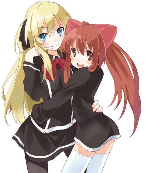 ushiki yoshitaka, aloe, aloe (quiz magic academy), shalon, quiz magic academy, white legwear, 2girls, :d, animal ears, black dress, blue eyes, blush, bow, bowtie, brown eyes, brown hair, cat ears, dress, hair ribbon, long sleeves, looking at viewer, looking back, multiple girls, open mouth, pantyhose, ponytail, red bow, red bowtie, ribbon, simple background, smile, standing, thighhighs, white background, zettai ryouiki