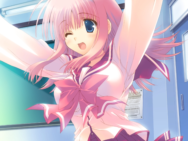 mitsumi misato, milfa (to heart), to heart (series), to heart 2, to heart 2 ad, game cg, 00s, 1girl, chalkboard, classroom, female focus, mifla, one eye closed, pink eyes, pink hair, school, school uniform, serafuku, solo, wink