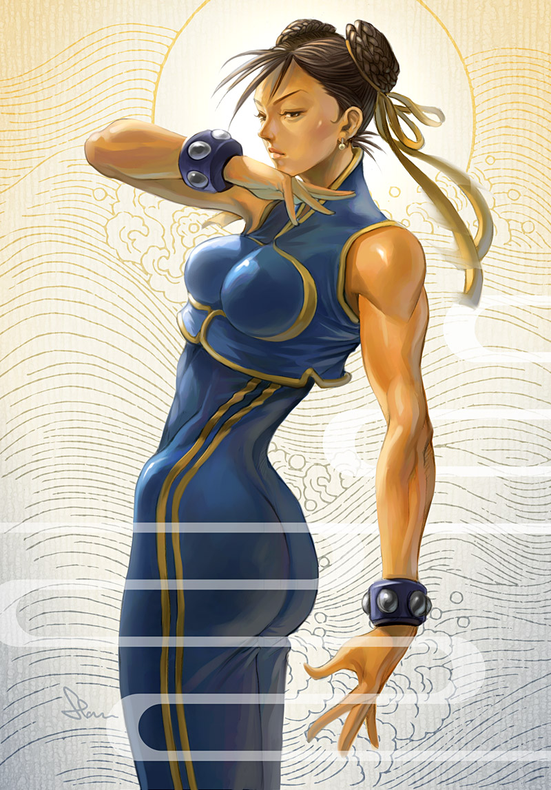 stanley lau, chun-li, capcom, street fighter, street fighter zero, ass, brown eyes, brown hair, double bun, double vertical stripe, leotard, spandex, unitard