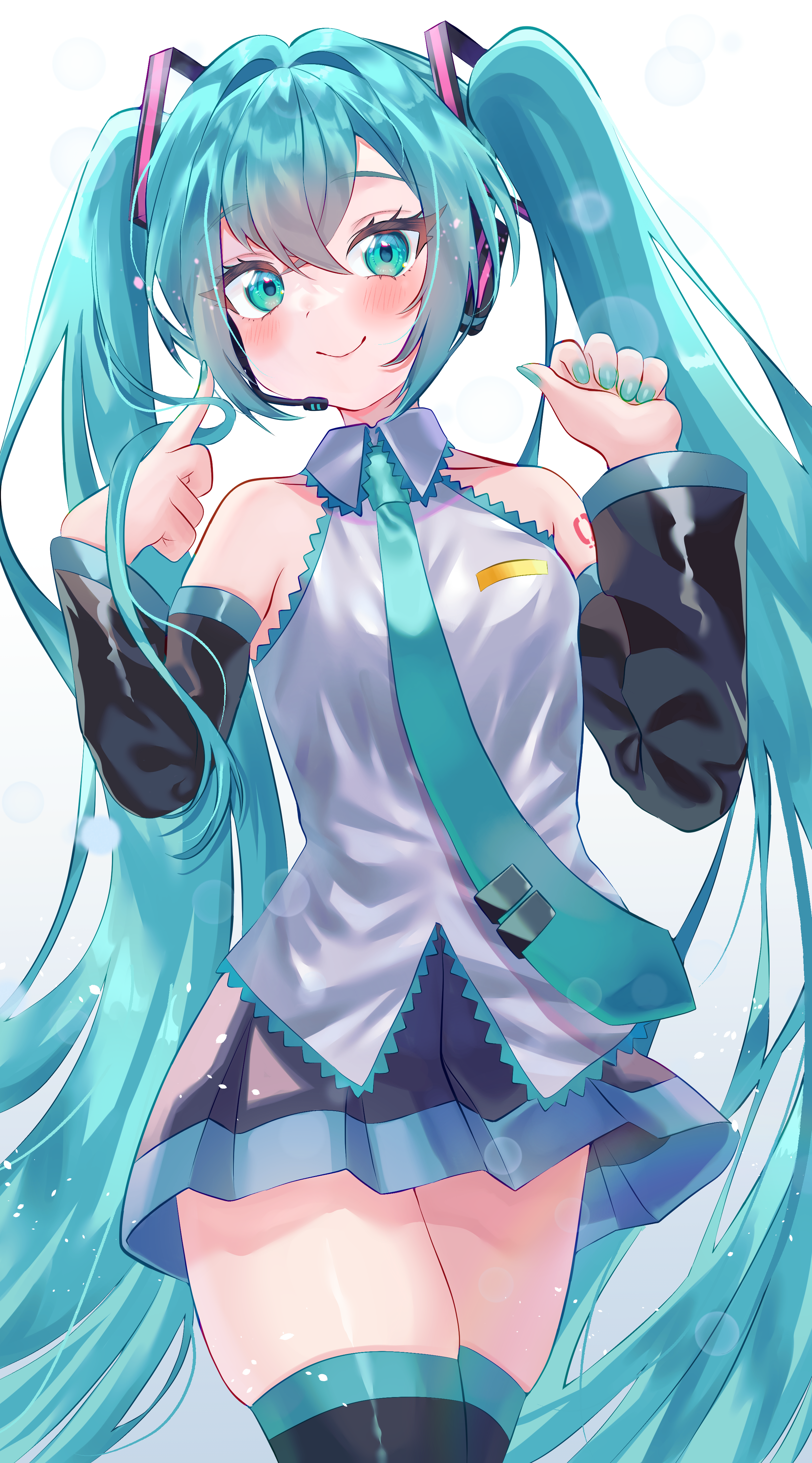 hitoha koduku, hatsune miku, vocaloid, absurdres, commentary request, highres, 1girl, aqua eyes, aqua hair, aqua nails, black boots, blush, boots, closed mouth, cowboy shot, detached sleeves, hands up, headphones, lens flare, long hair, long sleeves, looking at viewer, nail polish, simple background, skindentation, smile, solo, thigh boots, thighhighs, twintails, white background, zettai ryouiki