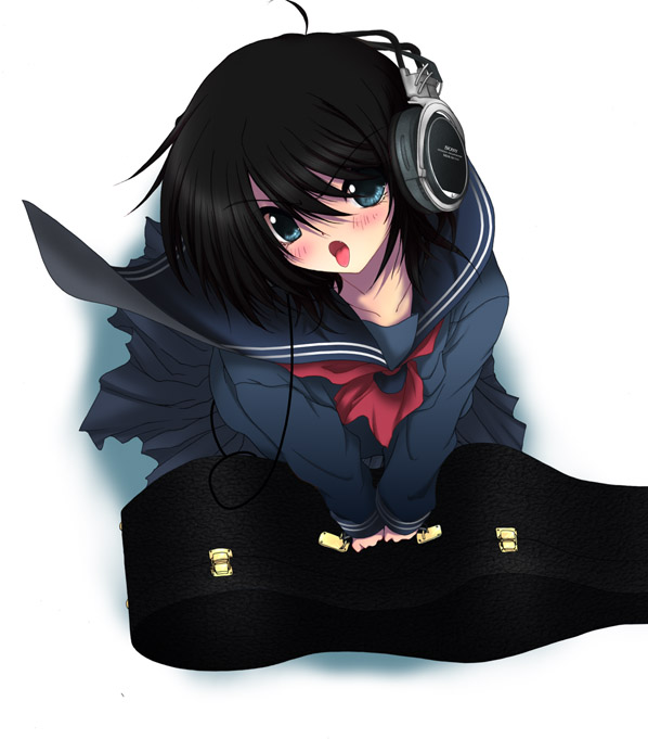 odagiri sakura, original, black hair, blue eyes, headphones, instrument case, school uniform, serafuku, short hair, solo