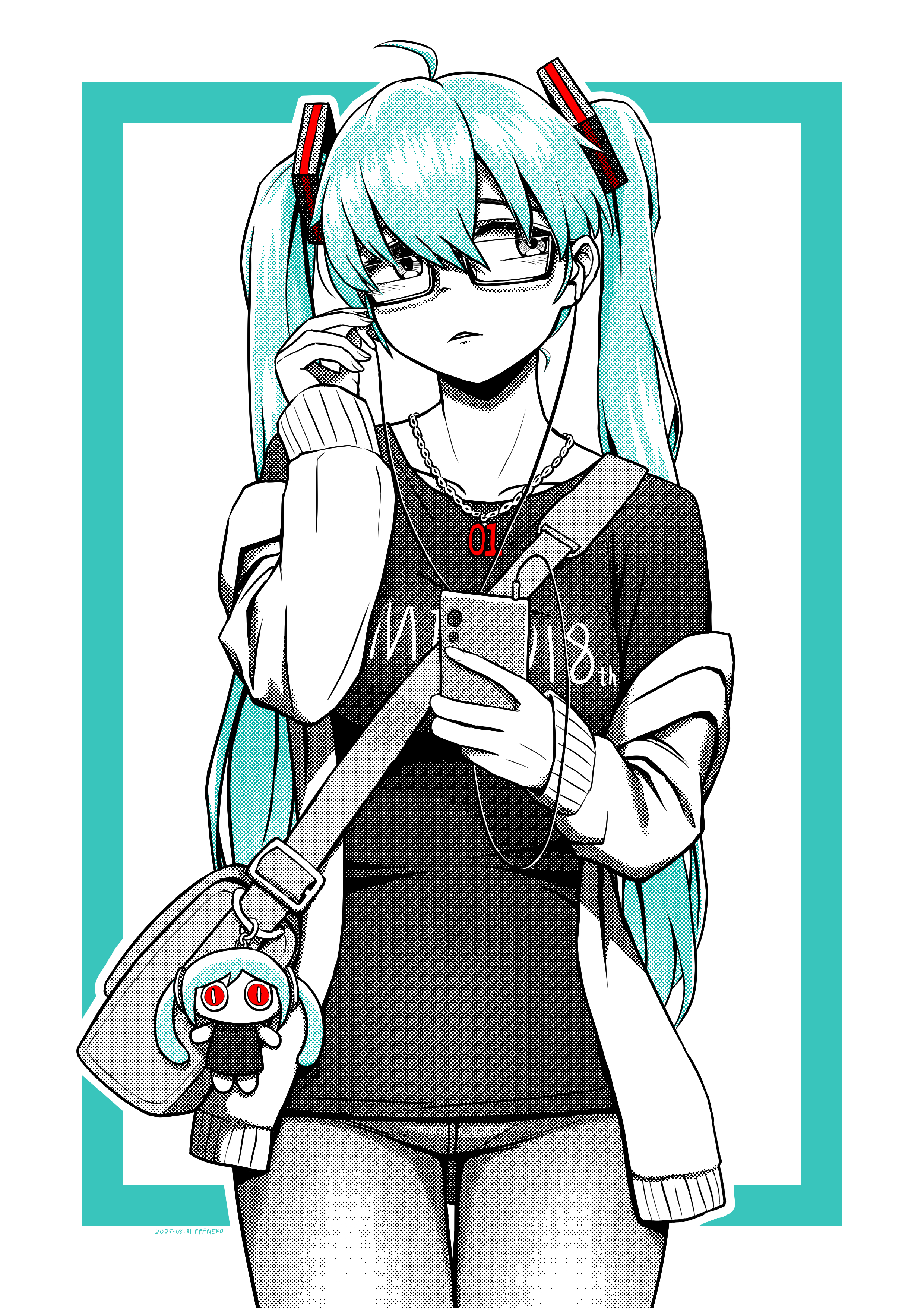 7788748, hatsune miku, vocaloid, absurdres, commentary request, highres, 1girl, ahoge, aqua eyes, aqua hair, bag, bespectacled, cowboy shot, earbuds, earphones, glasses, holding, holding earbud, holding phone, jacket, jewelry, limited palette, long hair, long sleeves, looking at viewer, necklace, open clothes, open jacket, pants, phone, shirt, shoulder bag, solo, twintails