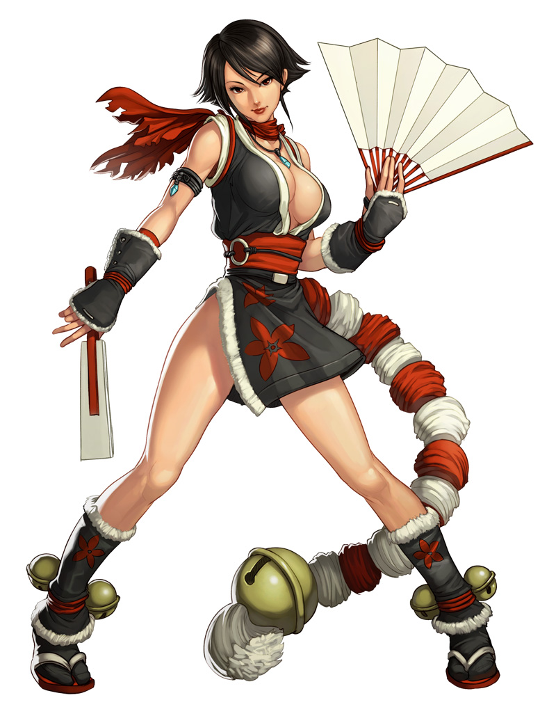 stanley lau, shiranui mai, snk, the king of fighters, alternate costume, alternate hairstyle, armband, black hair, breasts, cleavage, dual wielding, folded fan, folding fan, gloves, hand fan, holding, japanese clothes, large breasts, lipstick, makeup, ninja, red eyes, scarf, short hair, simple background