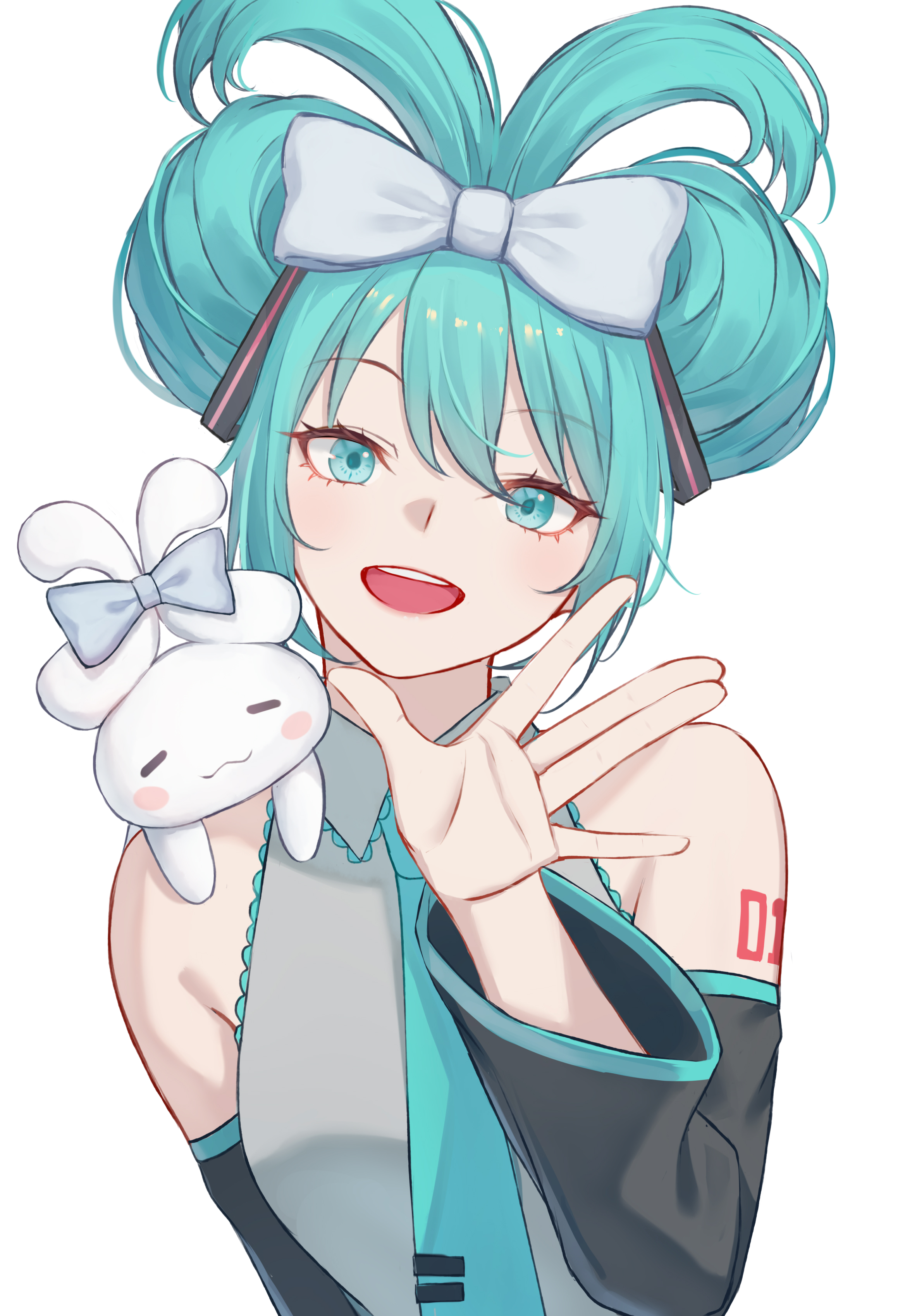 hirein, cinnamiku, cinnamoroll, hatsune miku, vocaloid, absurdres, commentary, highres, 1girl, aqua eyes, aqua hair, bow, cinnamiku hairstyle, detached sleeves, facing viewer, hair bow, hair up, hand up, long hair, long sleeves, open mouth, simple background, smile, solo, twintails, updo, upper body, waving, white background, white bow