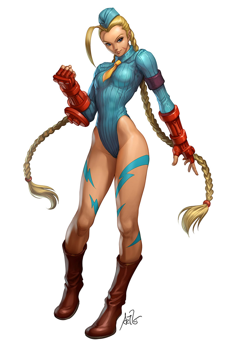 stanley lau, cammy white, street fighter, blonde hair, blue eyes, braid, garrison cap, gloves, hat, leotard, long hair