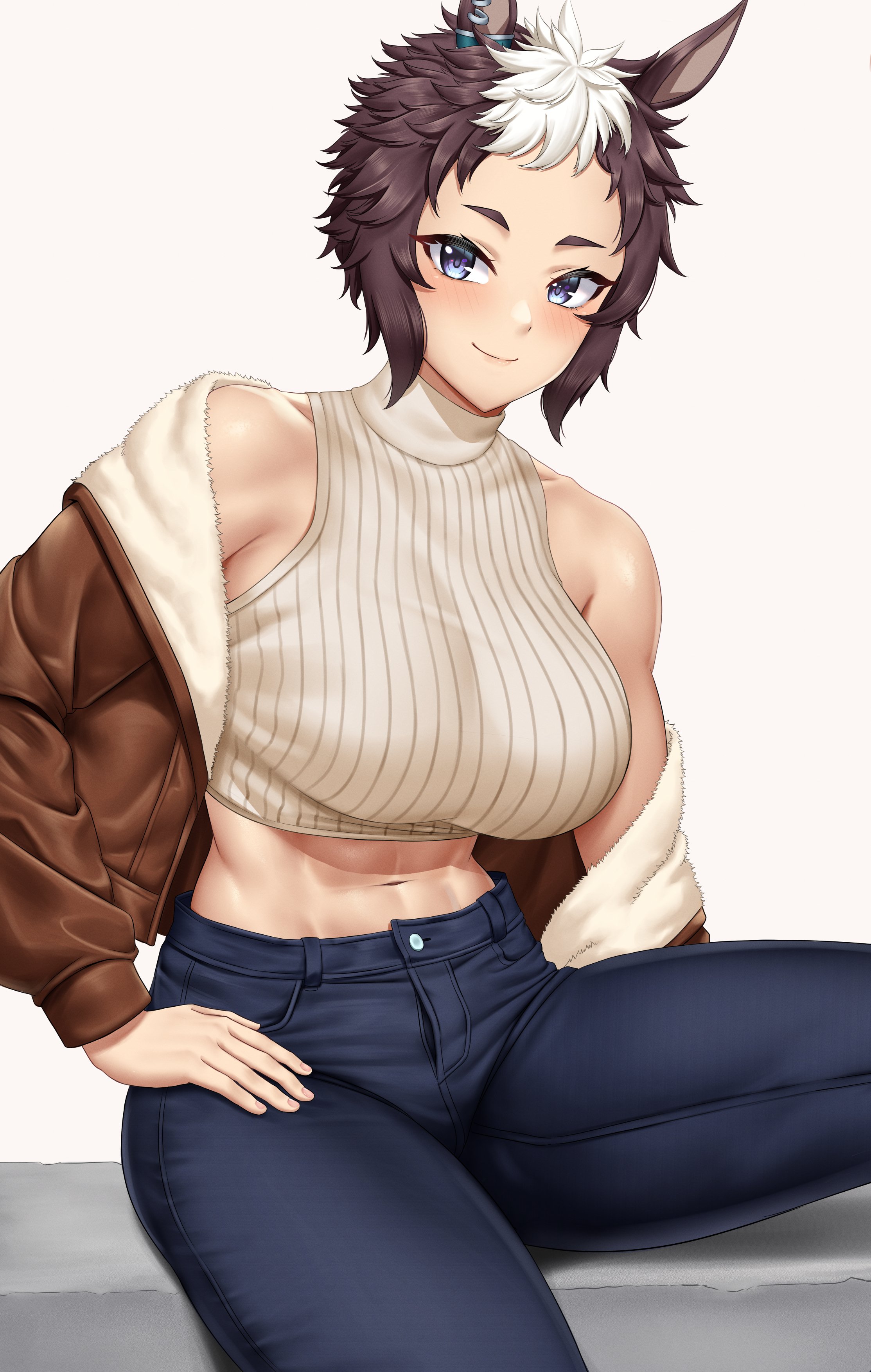 stmoon, mejiro ryan (umamusume), umamusume, absurdres, commentary request, highres, 1girl, abs, alternate costume, animal ears, bare shoulders, blue eyes, blush, breasts, brown hair, brown jacket, ear ornament, ear piercing, horse ears, horse girl, jacket, large breasts, looking at viewer, midriff, multicolored hair, navel, off shoulder, pants, piercing, ribbed shirt, shirt, short hair, sitting, sleeveless, sleeveless turtleneck, smile, solo, thick thighs, thighs, toned, toned female, turtleneck, two-tone hair, white hair