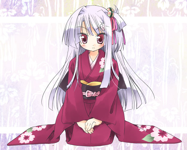 nekono osero, 1girl, blush, female focus, hair bobbles, hair ornament, hair ribbon, japanese clothes, kimono, long hair, obi, purple hair, red eyes, ribbon, sash, seiza, sitting, solo