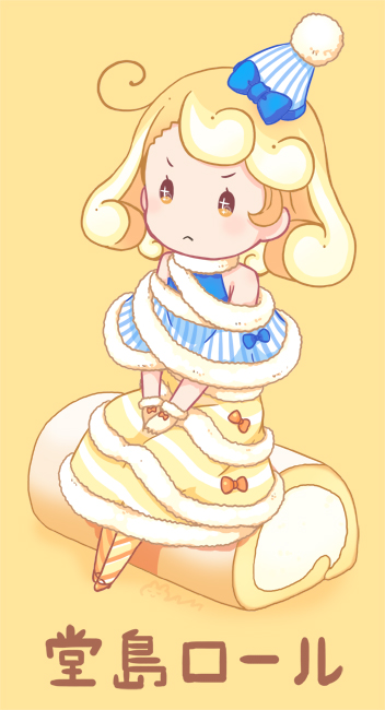 mizuki maya, original, commentary request, 1girl, blue hat, cake, character name, closed mouth, diagonal-striped thighhighs, dojima roll, food, frown, full body, fur-trimmed skirt, fur trim, hat, layered skirt, loose hair strand, mini hat, multicolored hair, object and personification, orange eyes, orange thighhighs, short hair, simple background, sitting, sitting on food, skirt, solo, streaked hair, swiss roll, thighhighs, two-tone thighhighs, v-shaped eyebrows, white hair, yellow background, yellow skirt, yellow thighhighs