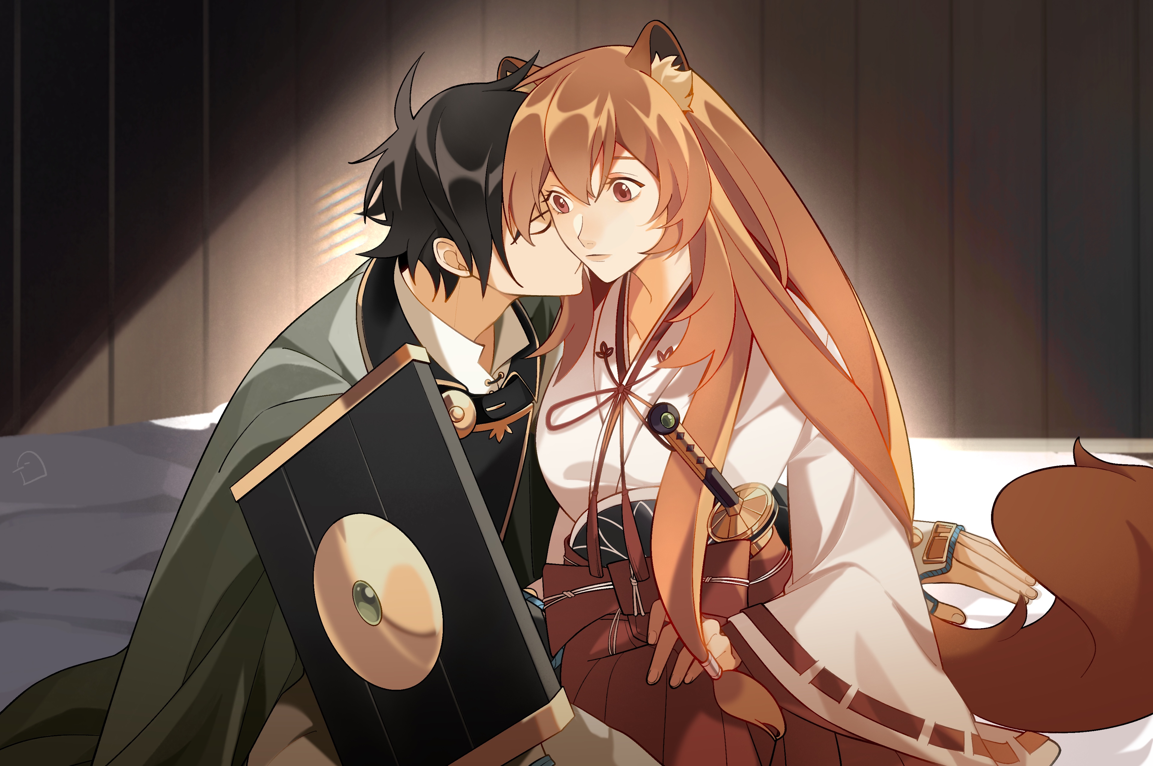 dice657523, iwatani naofumi, raphtalia, tate no yuusha no nariagari, absurdres, commentary request, highres, 1boy, 1girl, animal ear fluff, animal ears, arm shield, armor, black armor, black hair, breastplate, brown hair, cloak, closed eyes, closed mouth, collared shirt, couple, green cloak, hakama, hakama skirt, hetero, japanese clothes, katana, kiss, kissing cheek, long hair, long sleeves, looking ahead, messy hair, metal hair tubes, neck ribbon, obi, official alternate costume, on bed, raccoon ears, raccoon girl, raccoon tail, red eyes, red hakama, red ribbon, red sash, red skirt, ribbon, ribbon-trimmed sleeves, ribbon trim, sash, scabbard, sheath, sheathed, shirt, signature, skirt, straight hair, sword, tail, weapon, white kosode, white shirt, wide sleeves