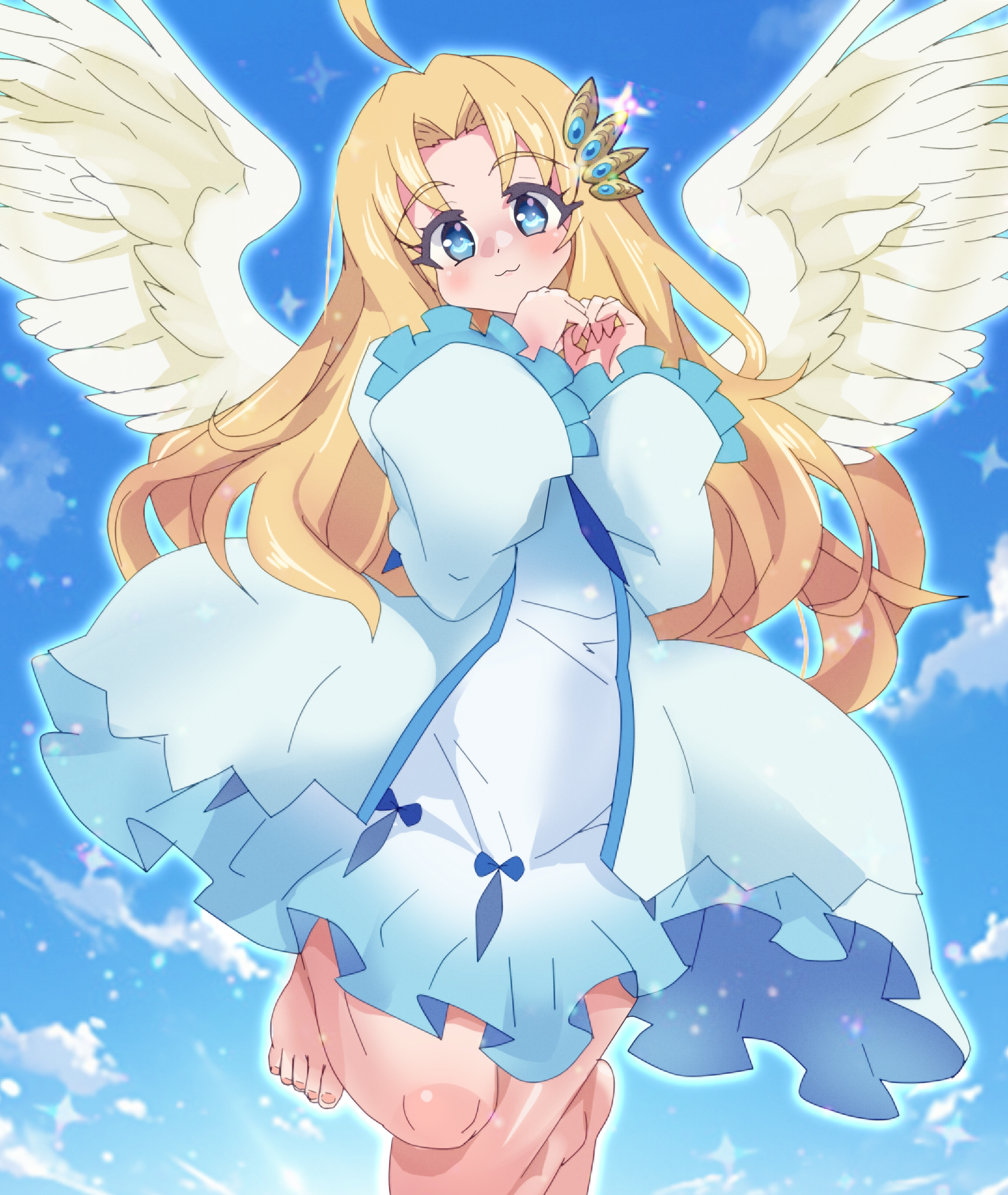guchurimu genrishugi, filo (tate no yuusha no nariagari), tate no yuusha no nariagari, absurdres, commentary request, highres, 1girl, :d, ahoge, barefoot, bird girl, bird wings, blonde hair, blue dress, blue eyes, blue sky, closed mouth, cloud, cloudy sky, dress, eyelashes, feathered wings, floating, forehead, hair ornament, hairclip, hips in air, legs up, long hair, long sleeves, open mouth, own hands together, short dress, sky, smile, solo, sparkle, straight hair, two-tone dress, white dress, white wings, wide sleeves, wing hair ornament, wings