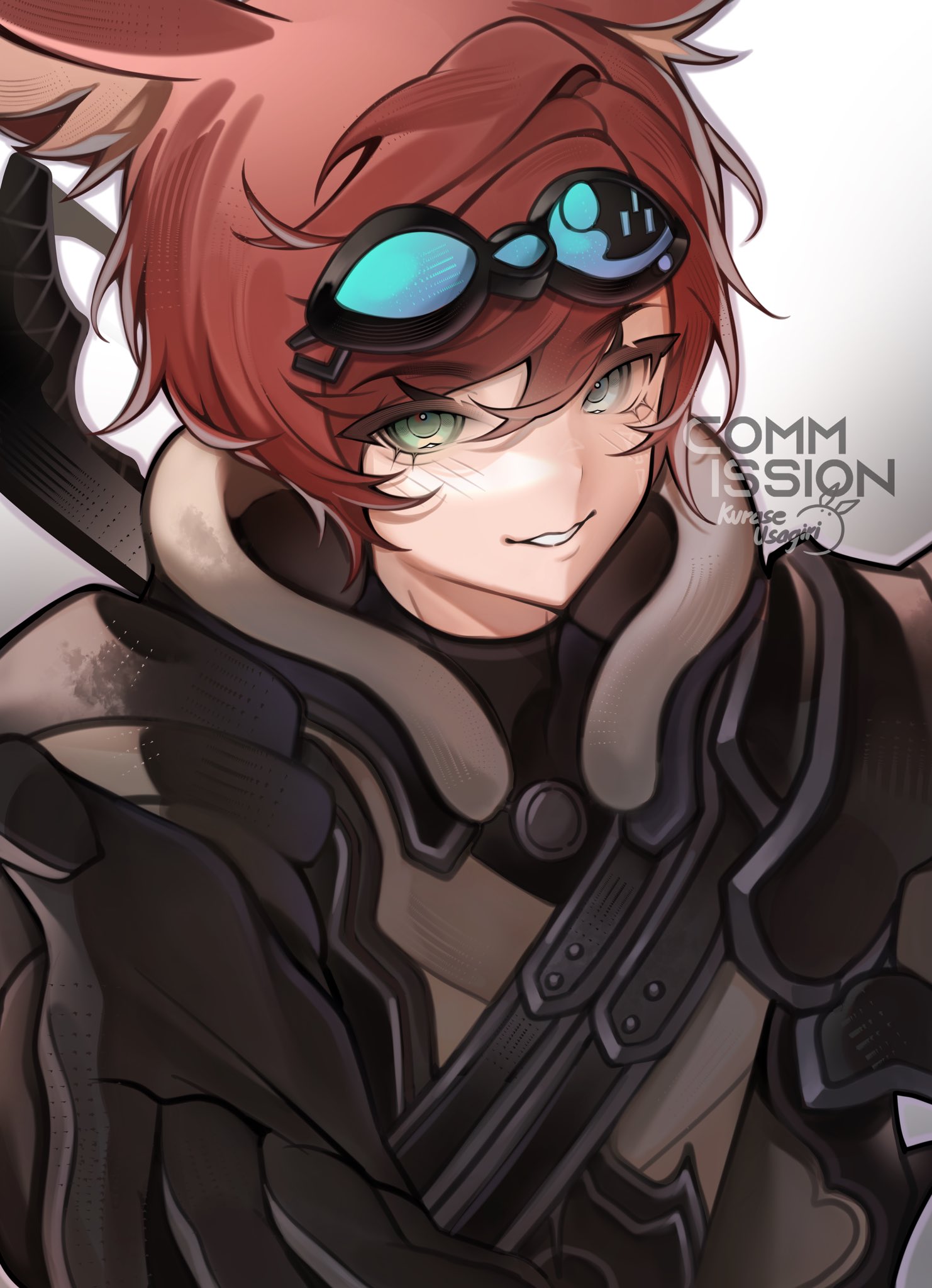 kurase 07, original, commentary, commission, english commentary, highres, vgen commission, 1boy, armor, black gloves, brown armor, gloves, green eyes, hair between eyes, looking at viewer, male focus, parted lips, short hair, simple background, smile, solo, swept bangs, upper body, white background