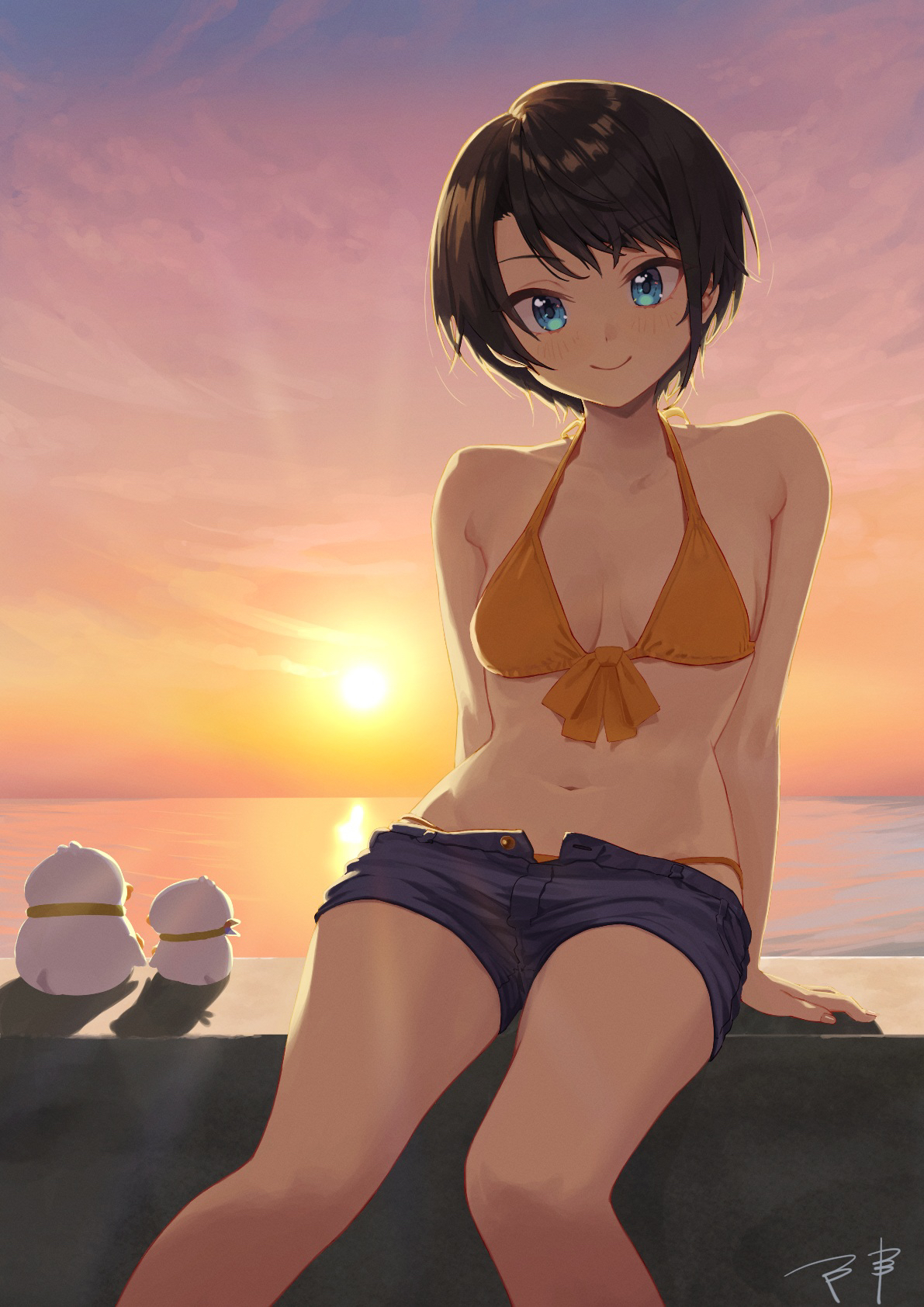 makimaki makky7, oozora subaru, subatomo (big), subatomo (small), hololive, commentary, highres, 1girl, alternate costume, bikini, bikini under shorts, black hair, blue eyes, blue shorts, breasts, closed mouth, cloud, front-tie bikini top, front-tie top, looking at viewer, medium breasts, navel, ocean, open fly, orange bikini, outdoors, short hair, short shorts, shorts, sitting, sky, smile, solo, stomach, sunset, swept bangs, swimsuit, virtual youtuber