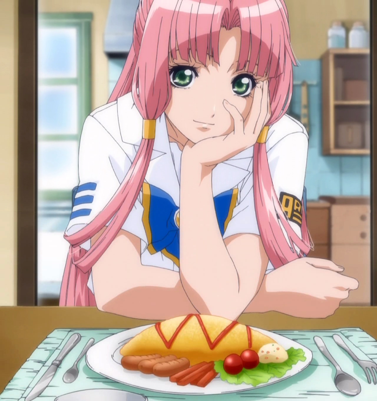mizunashi akari, aria (manga), anime screenshot, highres, stitched, third-party edit, 00s, 1girl, aged up, alternate hair length, alternate hairstyle, blouse, eye contact, eyelashes, female focus, food, fork, green eyes, hand on own cheek, hand on own face, knife, light smile, long hair, looking at another, looking at viewer, omelet, omurice, parted bangs, pink hair, plate, ponytail, pov across table, school uniform, serafuku, shirt, sidelocks, solo, spoon, table, tareme, teaspoon, very long hair, white shirt