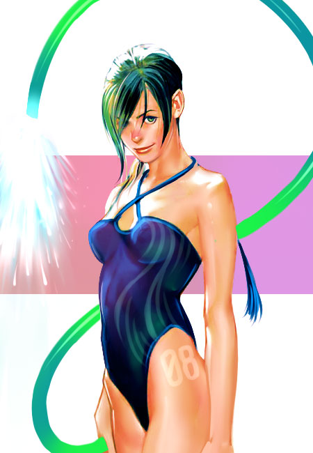 tricky agura, trickyagura, original, 1girl, cable, casual one-piece swimsuit, cowboy shot, female focus, green eyes, hair over one eye, halterneck, lips, looking at viewer, one-piece swimsuit, smile, solo, standing, swimsuit, tan, tan tattoo, tanline, tattoo