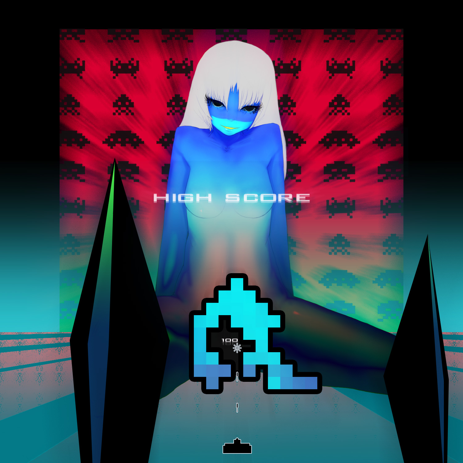 dskb, original, space invaders, highres, 1girl, blue skin, colored skin, female focus, naughty face, nude, pun, solo, surreal