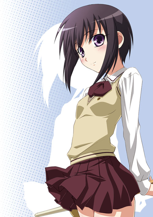 izumi mahiru, kawazoe tamaki, bamboo blade, 00s, purple eyes, school uniform, serafuku, shinai, short hair, solo, sword, weapon