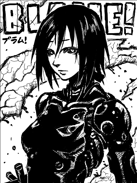 chikaku kabin, tony (chikaku kabin), sanakan, blame!, !, 1girl, black hair, black sclera, bodysuit, closed mouth, colored sclera, copyright name, debris, female focus, greyscale, hair between eyes, looking at viewer, monochrome, open mouth, short hair, solo, sword, upper body, weapon