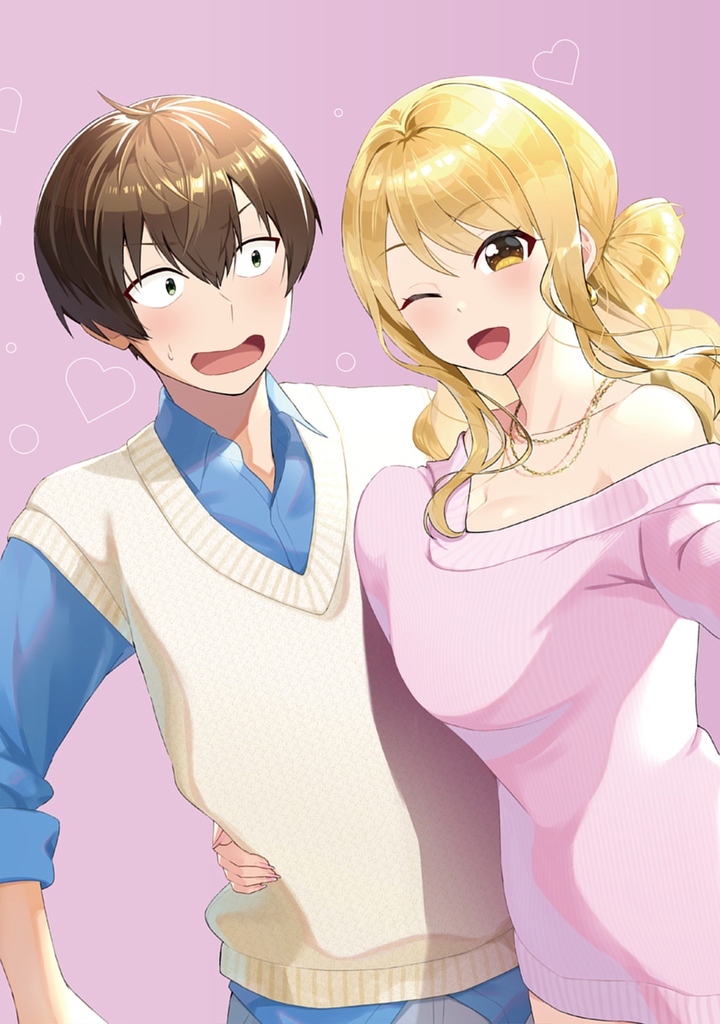 hidariude, character request, copyright request, hashtag-only commentary, highres, variant set, 1boy, 1girl, arm at side, blonde hair, blue shirt, breast press, breasts, brown hair, circle, collarbone, collared shirt, cowboy shot, earrings, heart, hug, jewelry, large breasts, long hair, long sleeves, necklace, nervous, off-shoulder sweater, off shoulder, one eye closed, open mouth, parted bangs, pink background, pink sweater, ribbed sweater, shirt, short hair, sleeves rolled up, smile, standing, surprised, sweatdrop, sweater, sweater vest, swept bangs, v-neck, v-shaped eyebrows, very short hair, wavy hair, wide-eyed, wing collar, yellow eyes, yellow sweater vest
