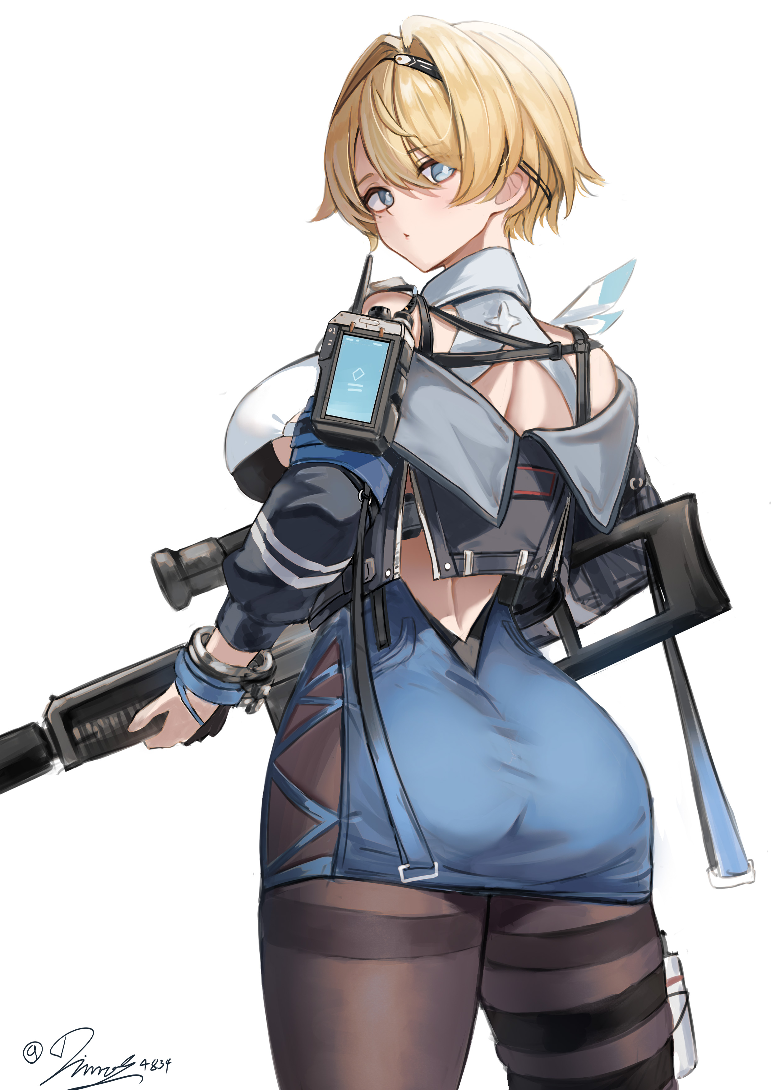 dimos (dawn 1945), nikketa (girls' frontline 2), vsk-94 (girls' frontline), girls' frontline, girls' frontline 2: exilium, absurdres, highres, 1girl, ass, black bra, black jacket, black pantyhose, blonde hair, blue eyes, blue skirt, bra, breasts, cropped jacket, from behind, gun, hair intakes, holding, holding gun, holding weapon, jacket, large breasts, looking at viewer, looking back, mole, mole under eye, pantyhose, short hair, signature, simple background, skirt, solo, thighs, underwear, vsk-94, walkie-talkie, weapon, white background