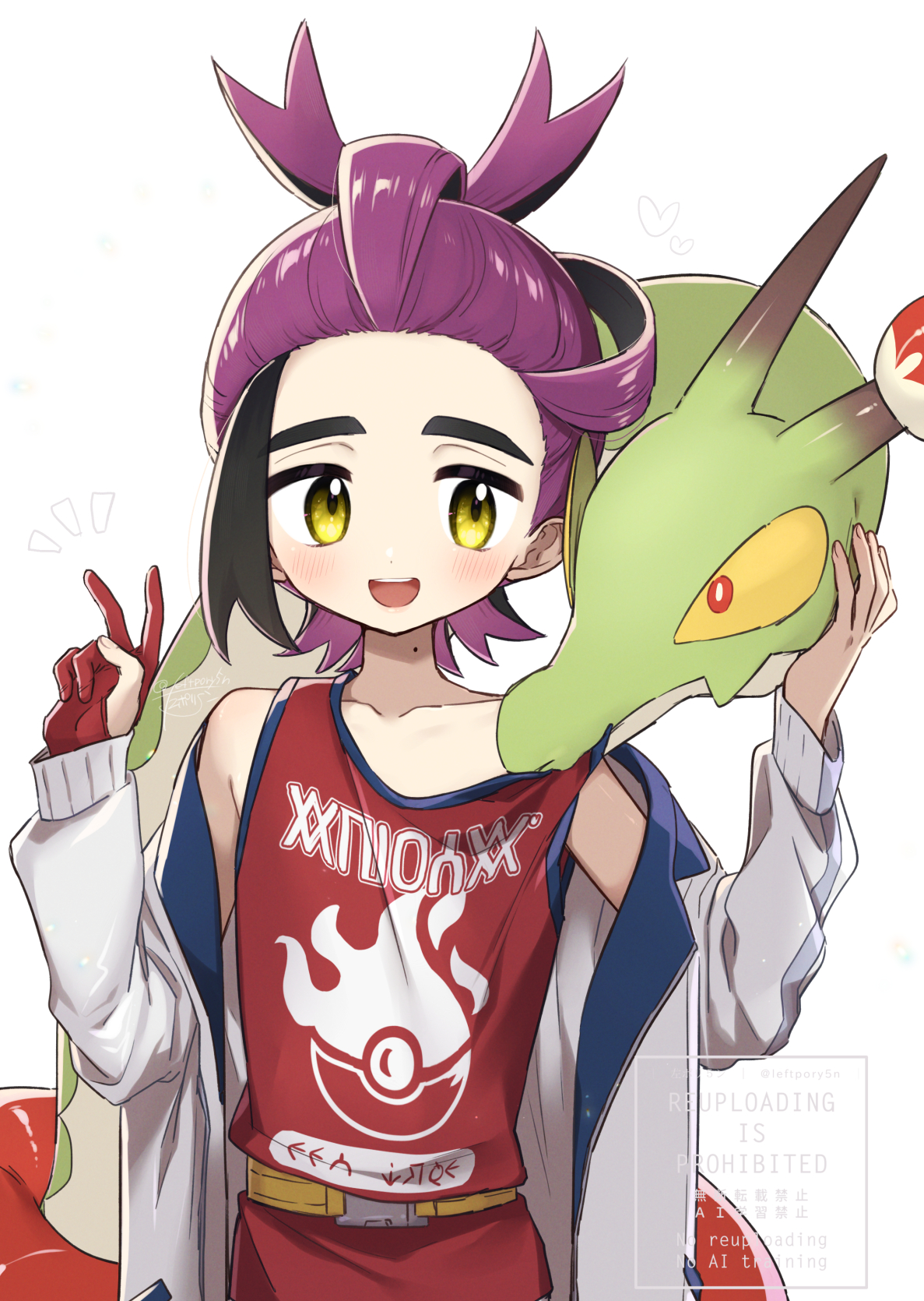 leftporygon, hydrapple, kieran (pokemon), nintendo, pokemon, pokemon sv, commentary request, highres, 1boy, black hair, blush, colored sclera, gloves, heart, jacket, long sleeves, male focus, mole, mole on neck, off shoulder, open clothes, open jacket, open mouth, partially fingerless gloves, pokemon (creature), purple hair, red eyes, red tank top, simple background, single glove, tank top, v, white background, white jacket, yellow eyes, yellow sclera