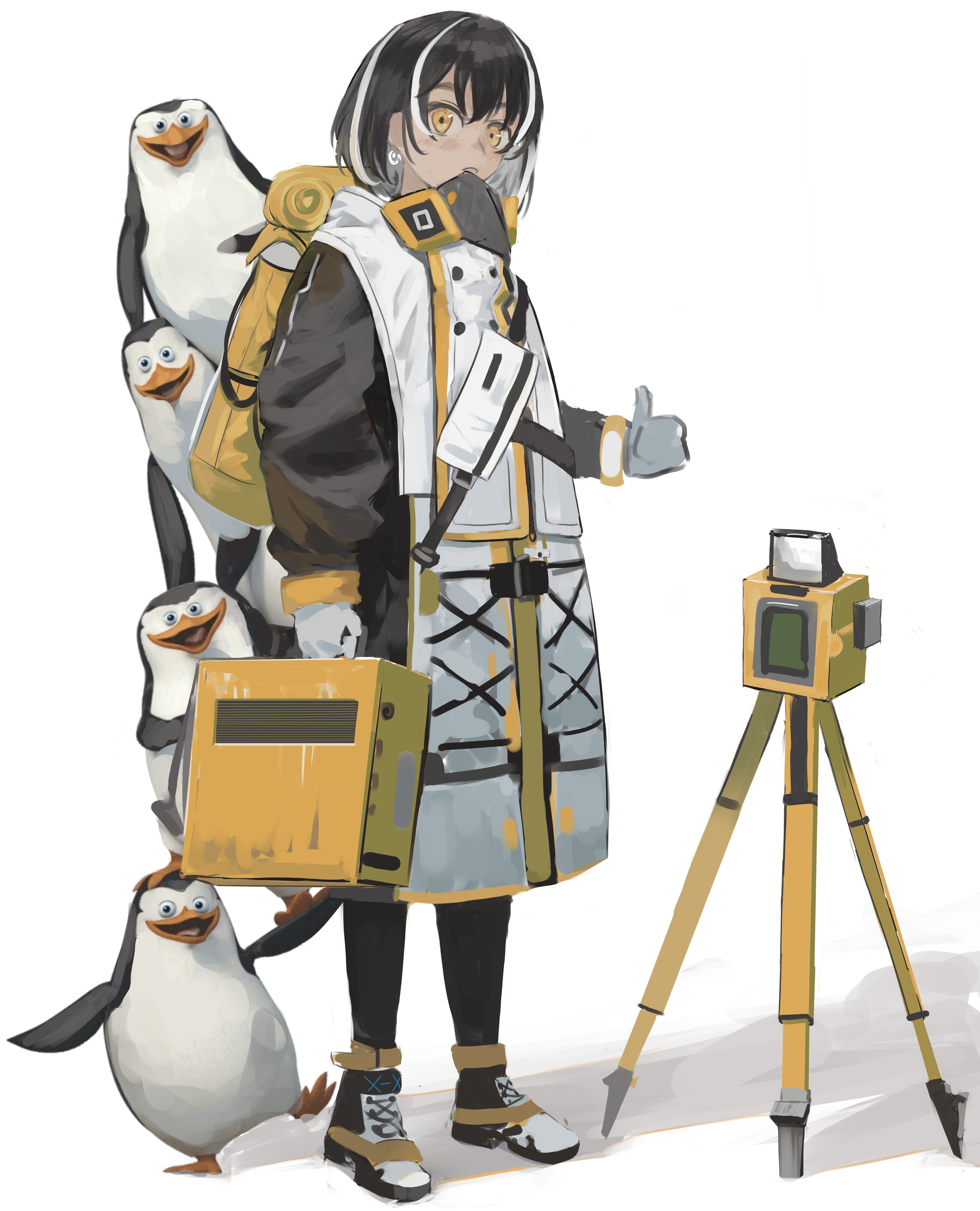 ujin holo, kowalski (madagascar), magallan (arknights), private (madagascar), rico (madagascar), skipper (madagascar), arknights, madagascar (series), the penguins of madagascar, absurdres, highres, 1girl, animal, bird, bird mask, briefcase, brown hair, earrings, gloves, hair between eyes, holding, holding briefcase, jewelry, long sleeves, looking at viewer, mask, mask around neck, multicolored hair, penguin, short hair, simple background, smile, streaked hair, theodolite, thumbs up, two-tone hair, white background, white gloves, white hair, yellow eyes