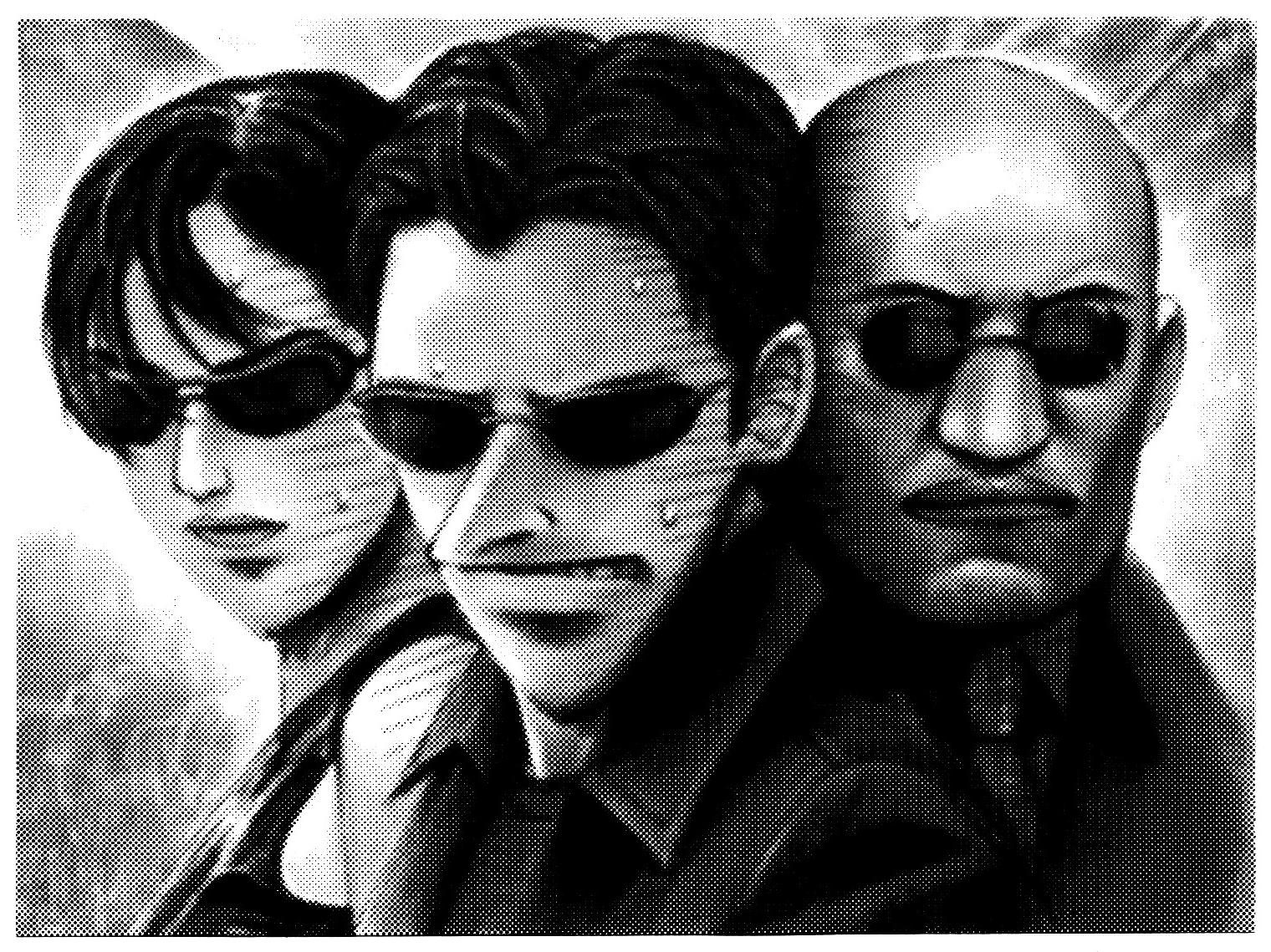 yug (ekaki), morpheus (matrix), neo (matrix), trinity, kaiji, the matrix, 1girl, 2boys, bald, bare shoulders, border, clenched teeth, crossover, glasses, greyscale, monochrome, multiple boys, necktie, parody, pince-nez, style parody, sunglasses, sweat, teeth, upper body, white border
