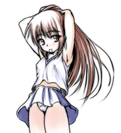 johnny (from scratch), kyonko, suzumiya haruhi no yuuutsu, 00s, 1girl, adjusting hair, armpits, brown eyes, brown hair, cameltoe, female focus, genderswap, genderswap (mtf), long hair, mouth hold, panties, ponytail, solo, underwear, upskirt