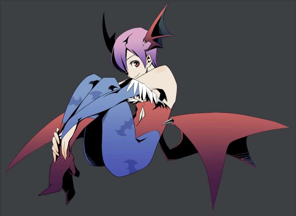 sacchin (yama), lilith (darkstalkers), capcom, darkstalkers, 1girl, animal print, bat print, bat wings, blue pantyhose, demon girl, female focus, flat chest, high heels, leotard, pantyhose, print pantyhose, purple hair, red eyes, red leotard, shoes, solo, wings