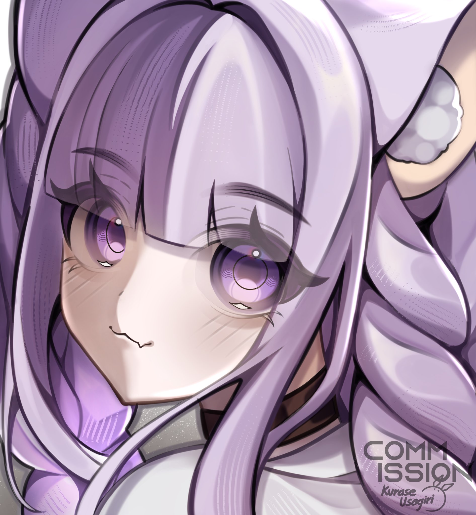 kurase 07, indie virtual youtuber, commentary, commission, english commentary, highres, vgen commission, 1girl, :3, animal ear fluff, animal ears, black choker, blunt bangs, cat ears, cat girl, choker, closed mouth, fang, long hair, looking at viewer, portrait, purple eyes, purple hair, skin fang, smolmaze (vtuber), solo, virtual youtuber