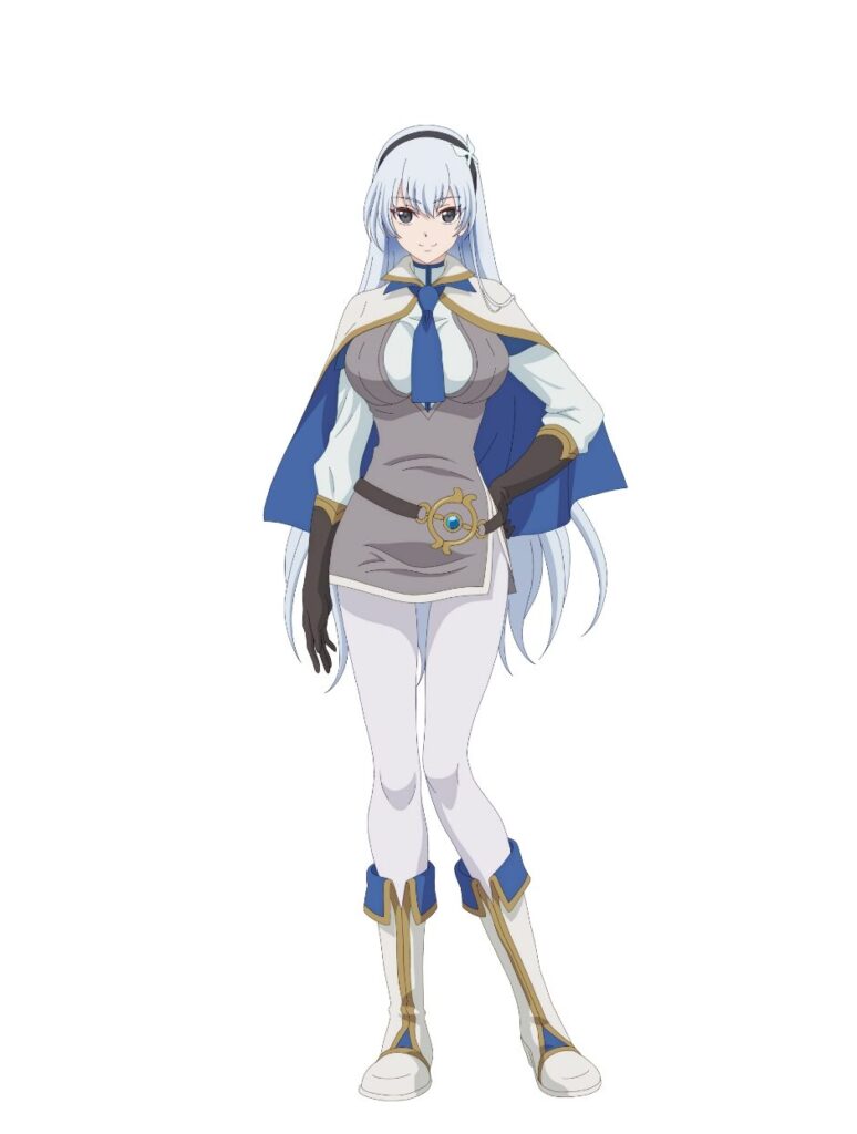 satou youko, official art, 1girl, anime coloring, black hairband, blue hair, blue necktie, boots, breasts, brown gloves, capelet, collared shirt, dress, full body, gloves, grey dress, grey hair, hairband, hand on own hip, krasia annerose, large breasts, long hair, long sleeves, looking at viewer, mikata ga yowasugite hojo mahou ni tesshiteita kyuutei mahoushi tsuihou sarete saikyou wo mezashimasu, necktie, pants, shirt, simple background, solo, standing, tachi-e, tsurime, very long hair, white background, white boots, white capelet, white pants, white shirt