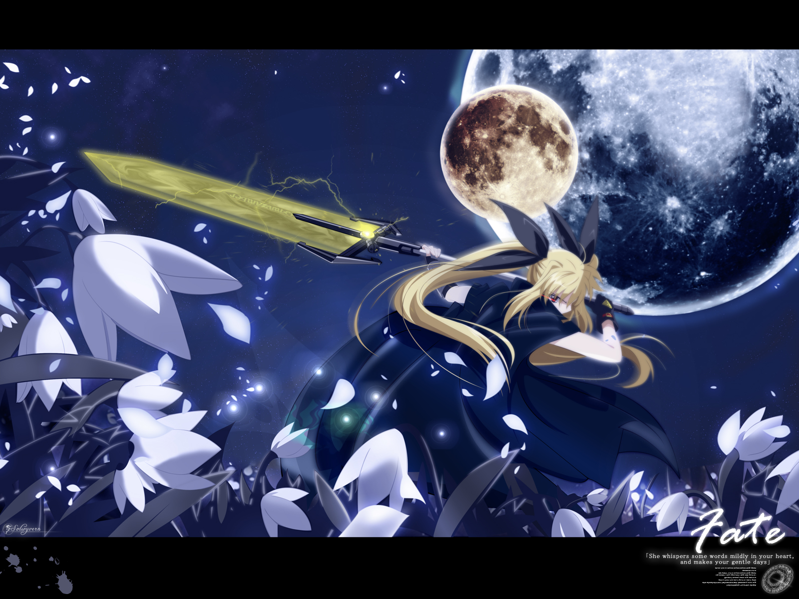 solwyvern, bardiche (nanoha), bardiche (zanber form) (nanoha), fate testarossa, fate testarossa (lightning form), lyrical nanoha, mahou shoujo lyrical nanoha, highres, 00s, letterboxed, solo, sword, weapon