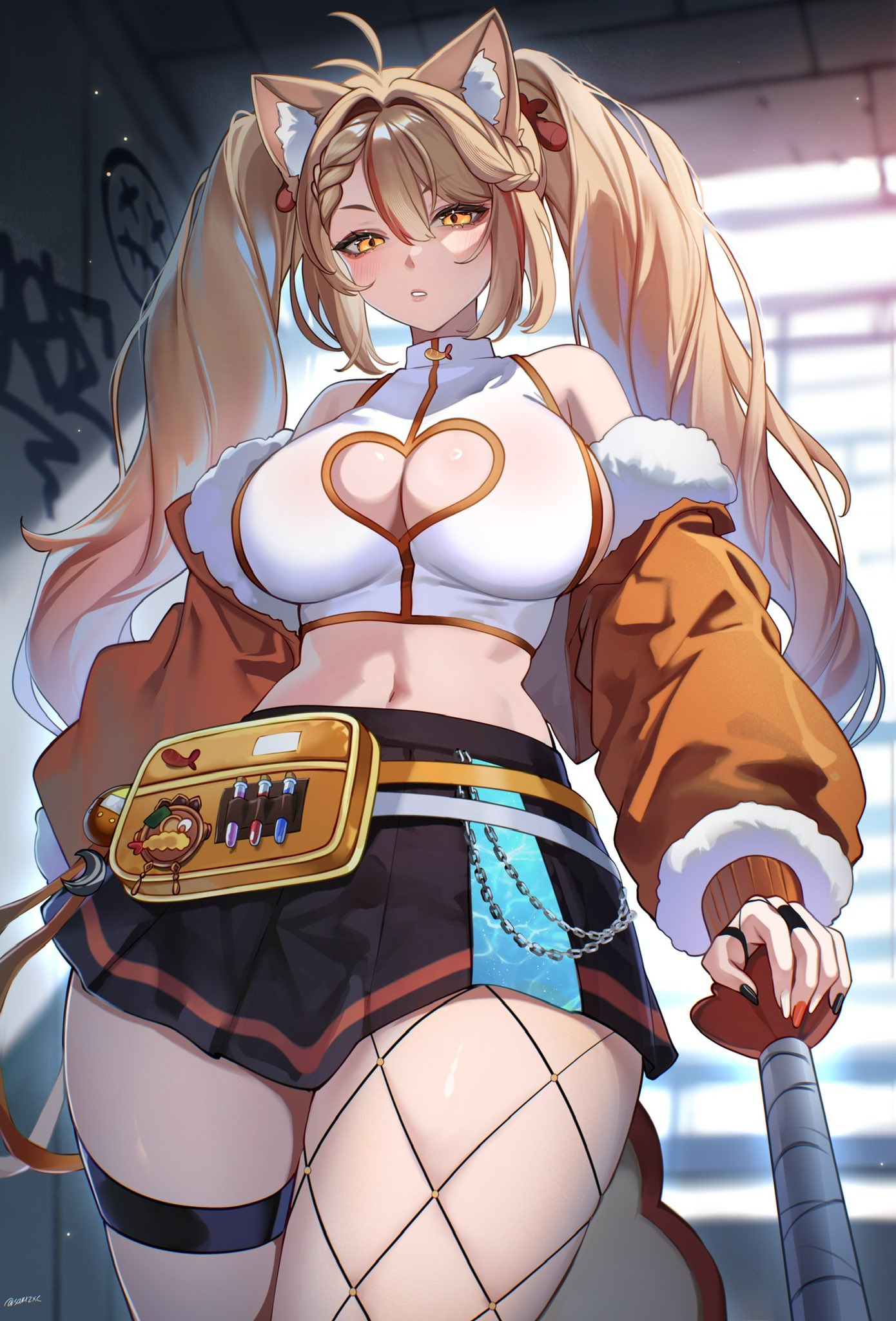 sakichka, ebiko (vtuber), indie virtual youtuber, highres, 1girl, animal ear fluff, animal ears, black nails, black skirt, blonde hair, braid, breasts, chain, cleavage cutout, clothing cutout, hair ornament, heart cutout, jacket, long hair, midriff, multicolored hair, multicolored nails, navel, open clothes, open jacket, orange jacket, parted lips, pleated skirt, red hair, red nails, single fishnet legwear, skirt, solo, streaked hair, test tube, thigh strap, twintails, twitter username, virtual youtuber, white nails, yellow eyes