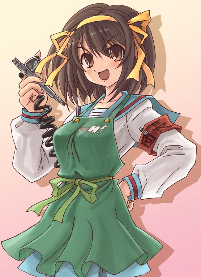 hamoto, suzumiya haruhi, suzumiya haruhi no yuuutsu, bad id, bad pixiv id, 00s, airbrush, apron, armband, school uniform, serafuku, solo