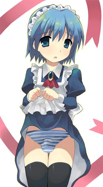 ayasaki hayate, hayate no gotoku!, 00s, 1boy, blue eyes, blue hair, clothes lift, crossdressing, crossdressing (mtf), maid, male focus, male maid, matching hair/eyes, panties, skirt, skirt lift, solo, striped clothes, striped panties, thighhighs, trap, underwear