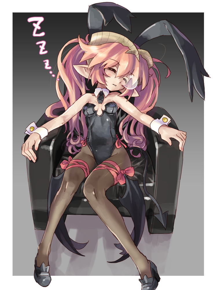 katahira masashi, original, 1girl, animal ears, chair, couch, fake animal ears, female focus, full body, horns, leotard, pantyhose, playboy bunny, pointy ears, rabbit ears, sitting, sleeping, solo