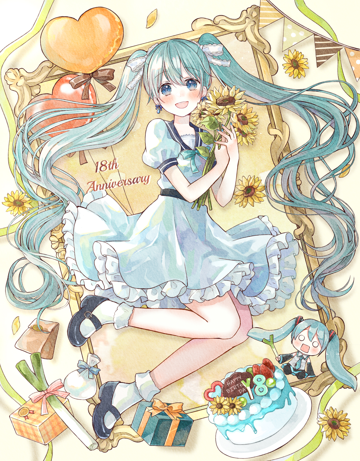 tententuyu, hatsune miku, vocaloid, commentary request, highres, 1girl, ankle socks, aqua hair, balloon, birthday cake, black shoes, blue eyes, bobby socks, cake, dress, earrings, flower, food, frilled dress, frilled ribbon, frills, fruit, full body, hair ribbon, heart balloon, holding, holding flower, jewelry, long hair, looking at viewer, mary janes, open mouth, portrait (object), puffy short sleeves, puffy sleeves, ribbon, shoes, short sleeves, smile, socks, solo, spring onion, strawberry, sunflower, twintails, white dress, white ribbon, white socks