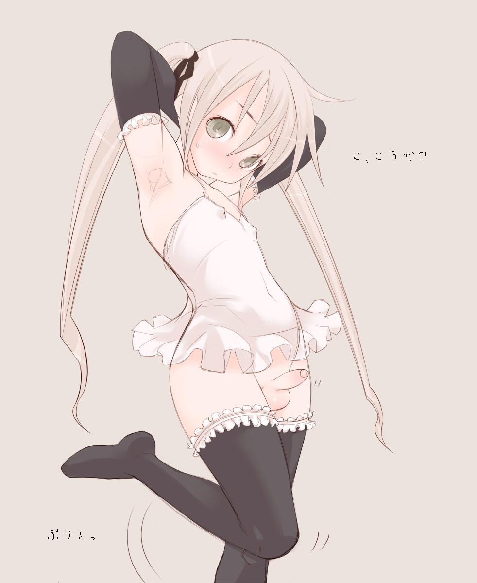 9152 (gere), gere, geregere, original, highres, translated, 1boy, androgynous, armpits, blonde hair, covered erect nipples, crossdressing, crossdressing (mtf), elbow gloves, gloves, lingerie, male focus, nipples, penis, shota, solo, testicles, thighhighs, trap, twintails, underwear, zettai ryouiki