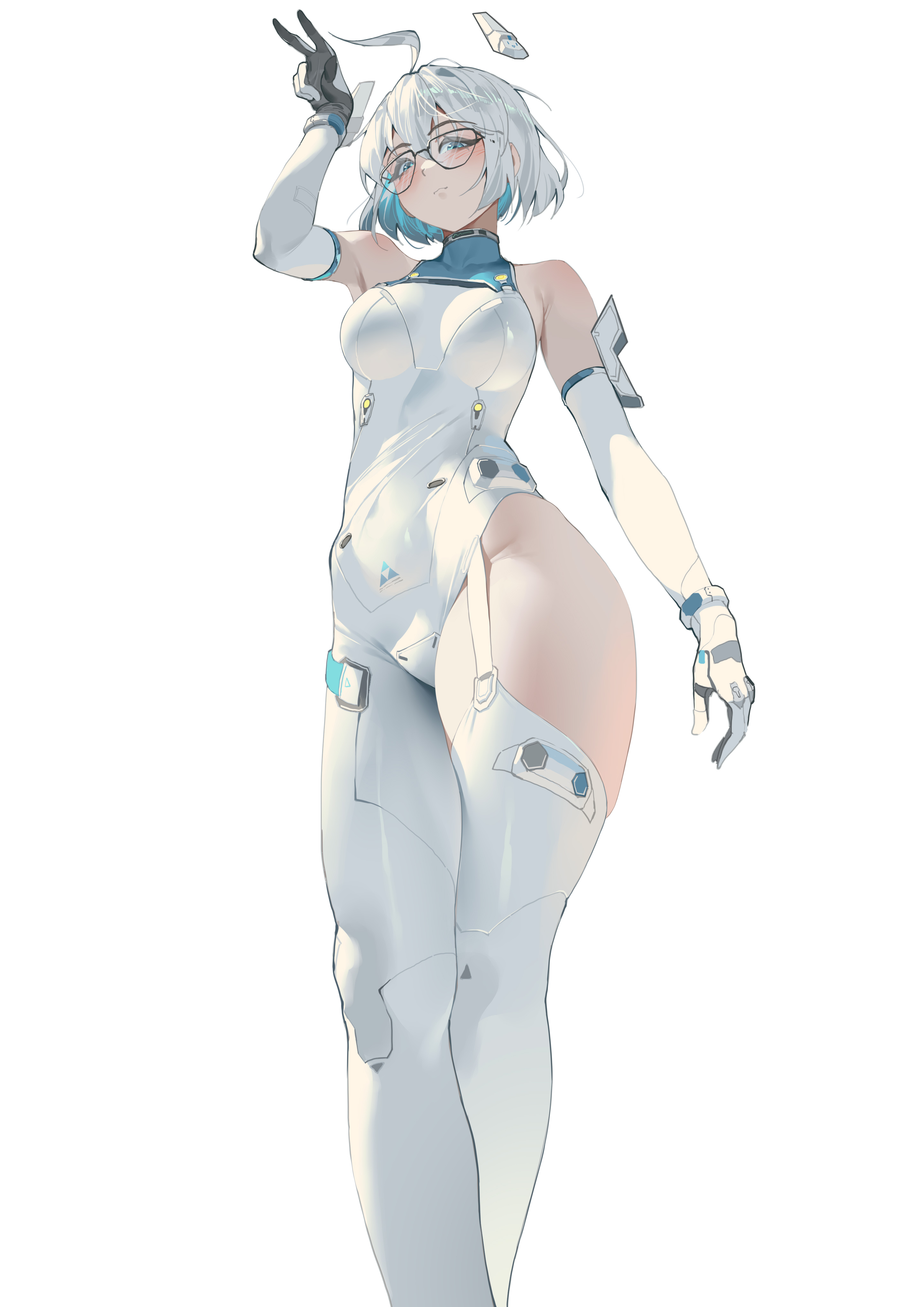 pugongying, xingtong, qq dance, absurdres, chinese commentary, commentary request, highres, 1girl, ahoge, aqua bodysuit, aqua hair, arm up, armpits, bare shoulders, black gloves, blue bodysuit, blue eyes, blue gloves, blush, bodysuit, breasts, closed mouth, colored inner hair, elbow gloves, feet out of frame, glasses, gloves, grey bodysuit, hair between eyes, large breasts, looking at viewer, multicolored bodysuit, multicolored gloves, multicolored hair, short hair, sidelocks, simple background, single leg bodysuit, solo, standing, thighhighs, thighs, two-tone hair, v, white background, white bodysuit, white gloves, white hair, white thighhighs, wide hips