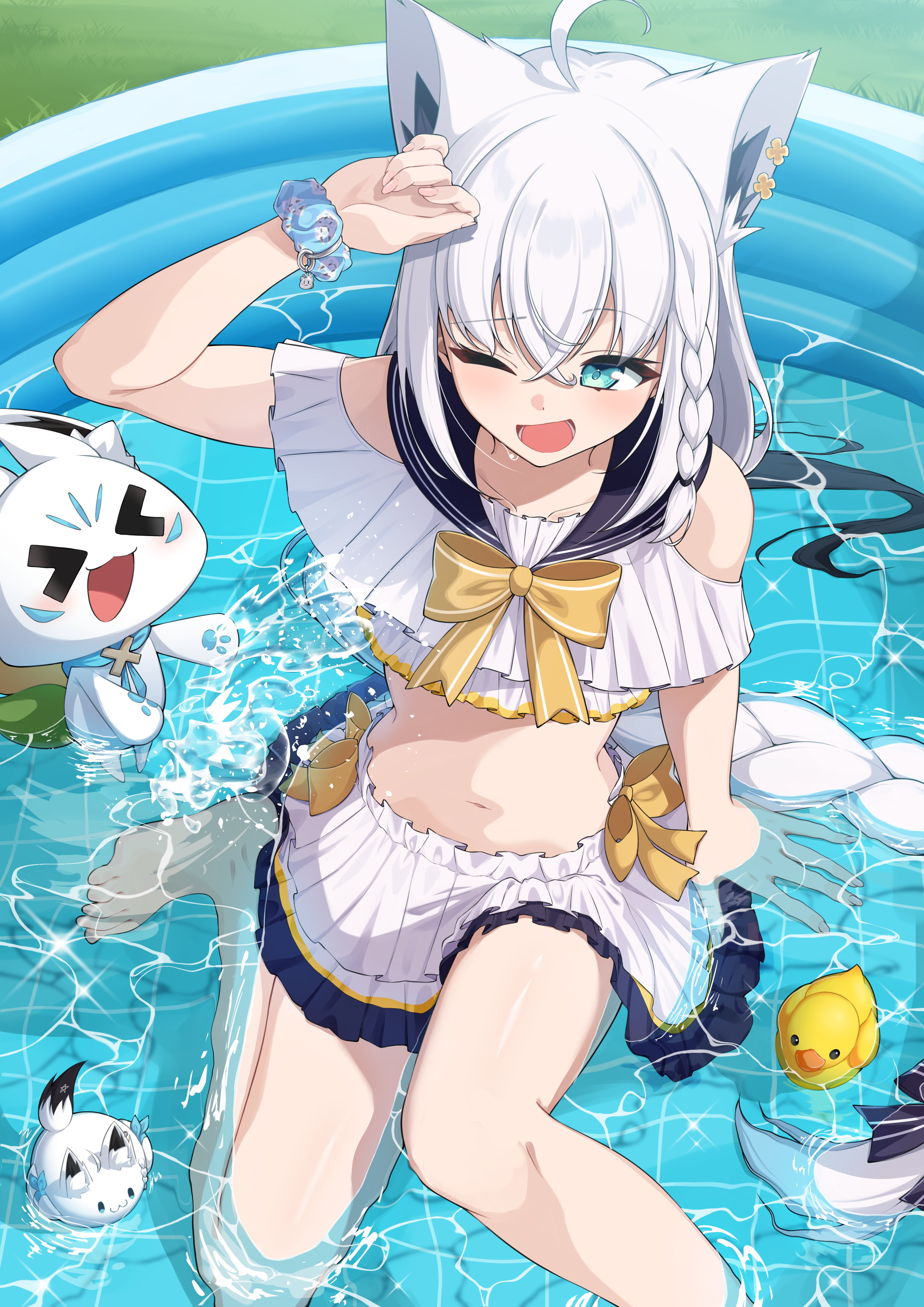 aica 61, shirakami fubuki, shirakami fubuki (holonatsu paradise), sukonbu (shirakami fubuki), hololive, holonatsu paradise, absurdres, highres, 1girl, animal ears, bare shoulders, barefoot, blue eyes, fox ears, fox girl, hair between eyes, navel, one eye closed, solo, thighs, virtual youtuber, white hair