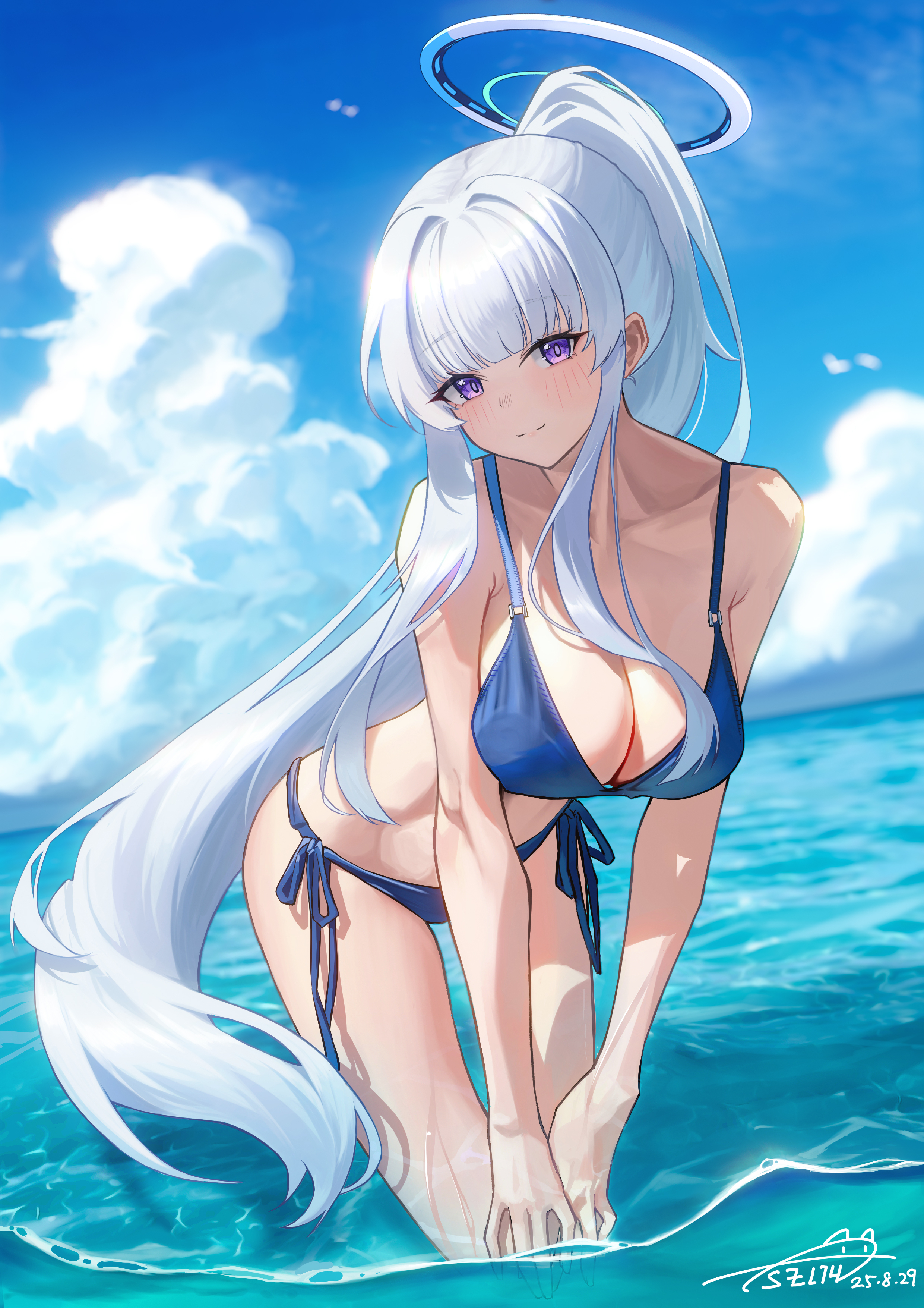 astelia, noa (blue archive), blue archive, absurdres, highres, 1girl, alternate costume, bikini, blue bikini, blue sky, blush, breasts, cleavage, closed mouth, cloud, cloudy sky, hair intakes, halo, large breasts, leaning forward, long hair, looking at viewer, mechanical halo, o-ring, o-ring bikini, o-ring top, ocean, outdoors, ponytail, purple eyes, side-tie bikini bottom, signature, sky, smile, solo, swimsuit, thighs, very long hair, wading, white hair, white halo
