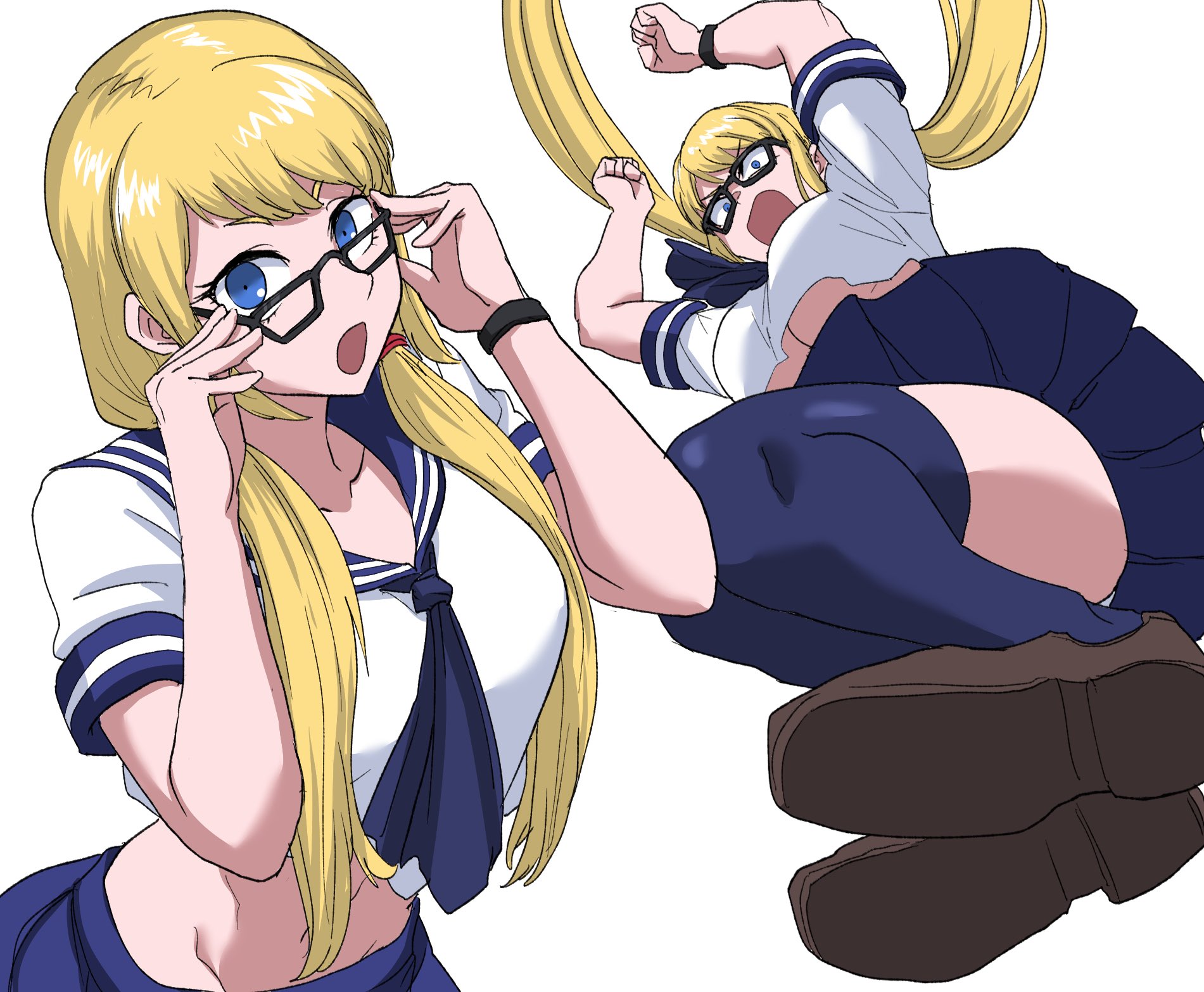 nasu (ilo a5), rainbow mika, street fighter, street fighter v, highres, 1girl, attack, blonde hair, blue eyes, breasts, brown shoes, glasses, incoming attack, large breasts, long hair, midriff, multiple views, neckerchief, official alternate costume, open mouth, pleated skirt, sailor collar, school uniform, serafuku, shoes, skirt, thighhighs, twintails