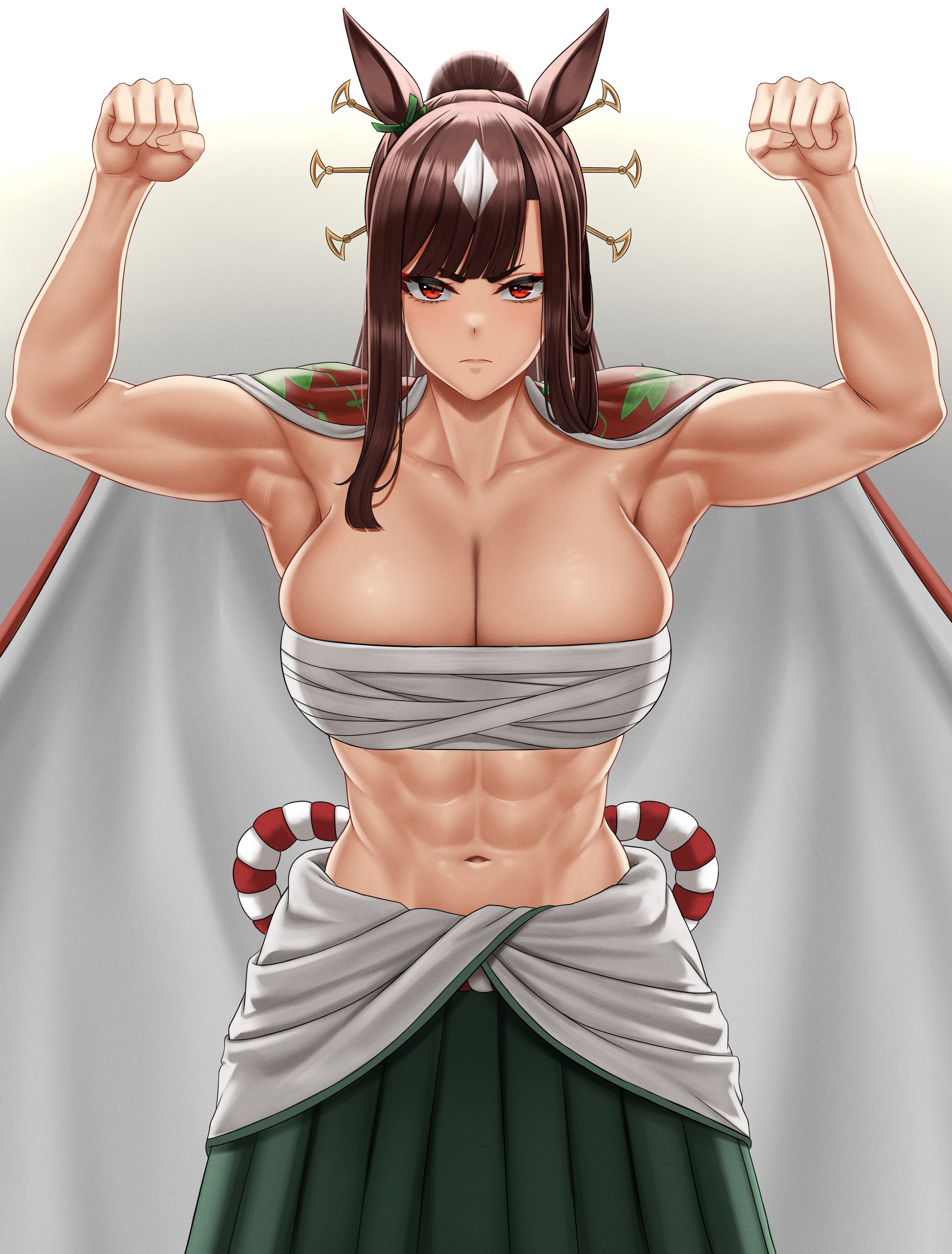 stmoon, akitsu teio (umamusume), umamusume, umamusume: cinderella gray, absurdres, commentary request, highres, 1girl, abs, animal ears, armpits, arms up, bow, breasts, brown hair, chest sarashi, clenched hands, closed mouth, collarbone, ear ribbon, flexing, green hakama, hair ornament, hakama, hands up, horse ears, horse girl, japanese clothes, kimono on shoulders, kouhaku nawa, large breasts, long hair, looking at viewer, multicolored hair, muscular, muscular female, navel, ponytail, red eyes, rope, sarashi, shimenawa, solo, stomach, straight-on, two-tone hair, white hair