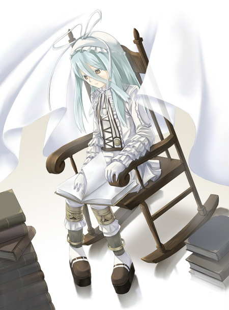 kazuki sanbi, aina (.hack//), aina (.hack//g.u.), .hack//, .hack//g.u., .hack//roots, bandai, cyber connect 2, 00s, 1girl, blue hair, book, brown eyes, chair, dress, female focus, frills, full body, gathers, gloves, gothic lolita, hat, lolita fashion, long hair, ribbon, rocking chair, sitting, solo